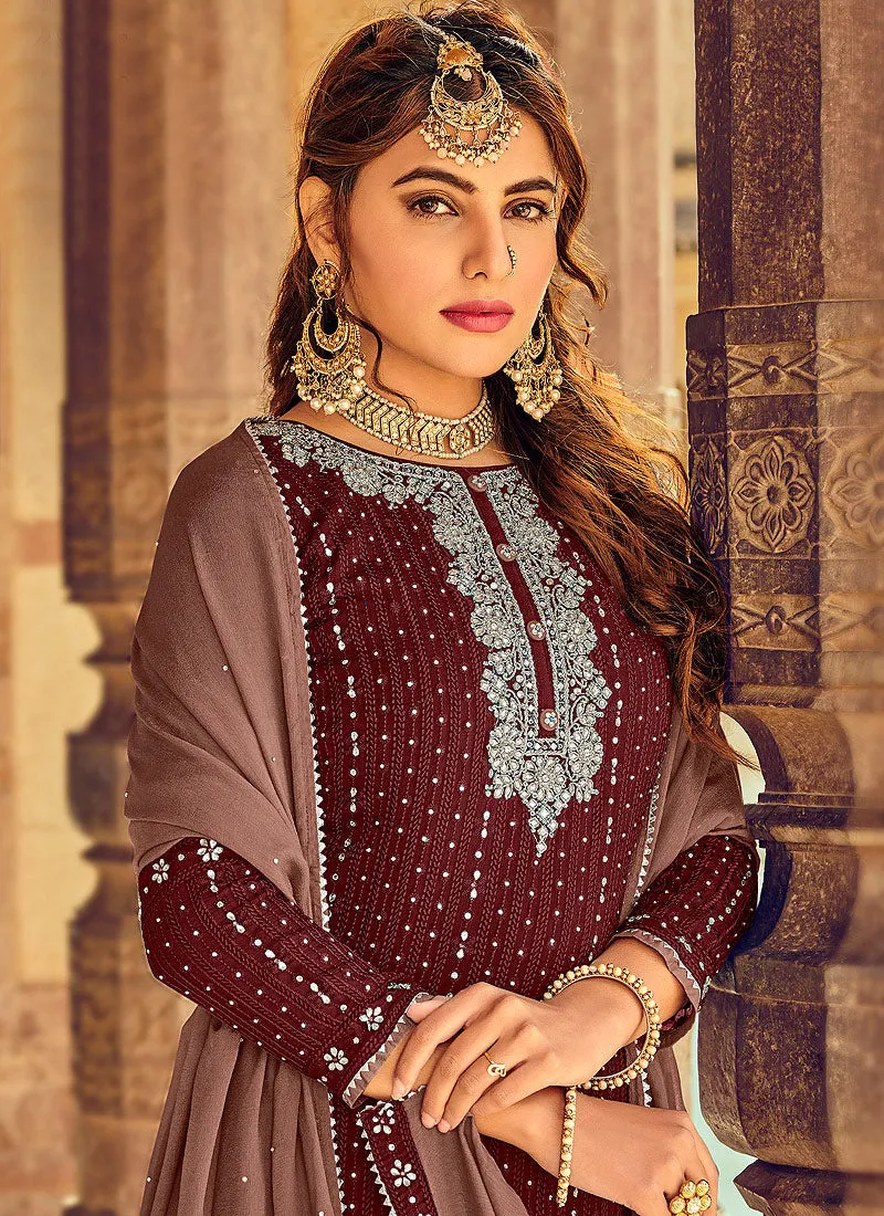 Maroon Embroidered Ethnic Palazzo Suit