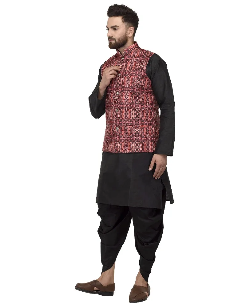 Men's Black Kurta With Dhoti & Coral Red Printed Nehru Jacket - Benstoke