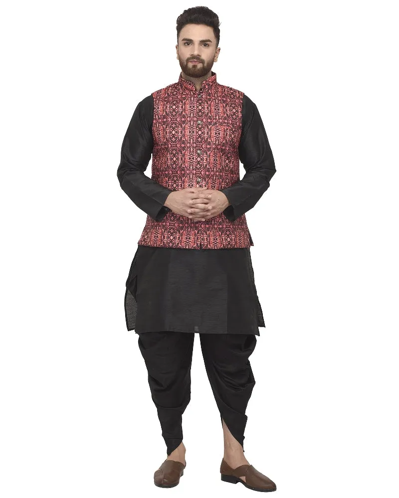 Men's Black Kurta With Dhoti & Coral Red Printed Nehru Jacket - Benstoke