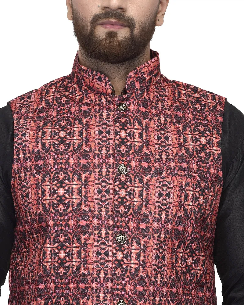 Men's Black Kurta With Dhoti & Coral Red Printed Nehru Jacket - Benstoke