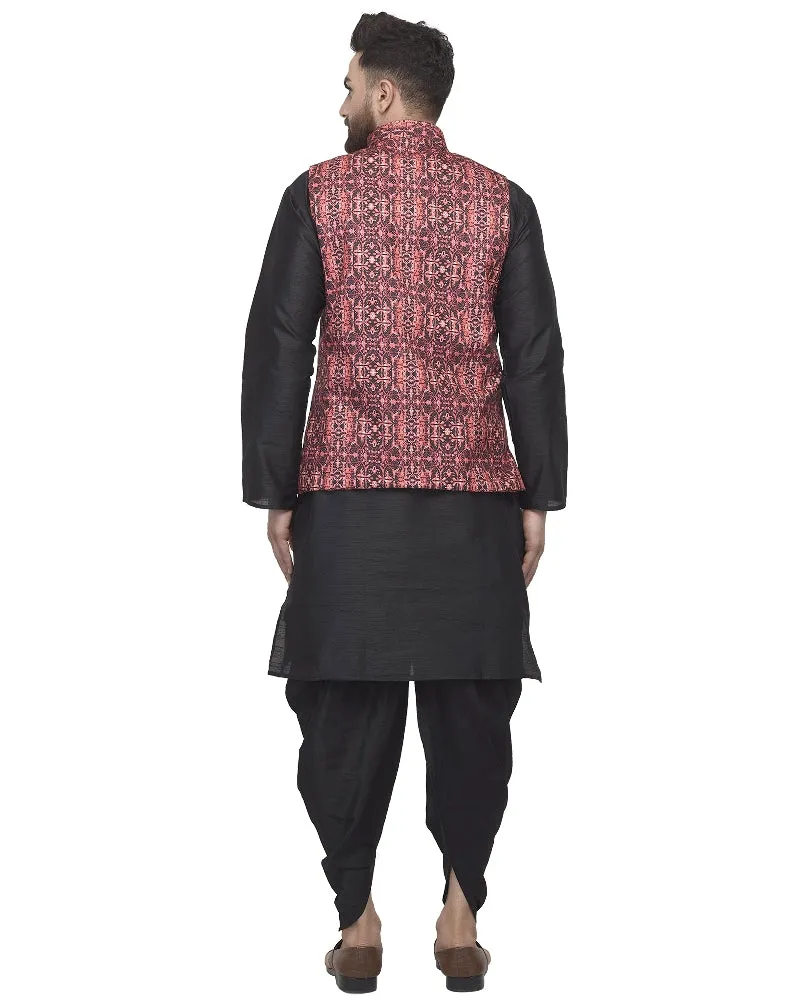 Men's Black Kurta With Dhoti & Coral Red Printed Nehru Jacket - Benstoke