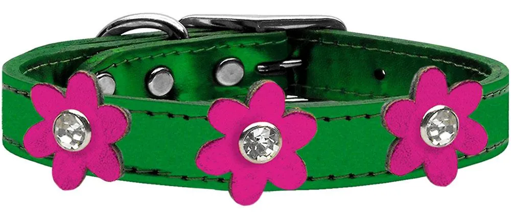 Metallic Flower Leather Collar Metallic Emerald Green With Metallic Pink Flowers Size 18