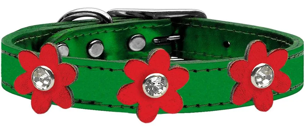 Metallic Flower Leather Collar Metallic Emerald Green With Metallic Red Flowers Size 12