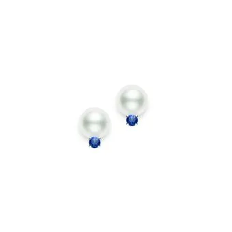 Mikimoto Akoya Stud Earrings with Sapphires 18K White Gold