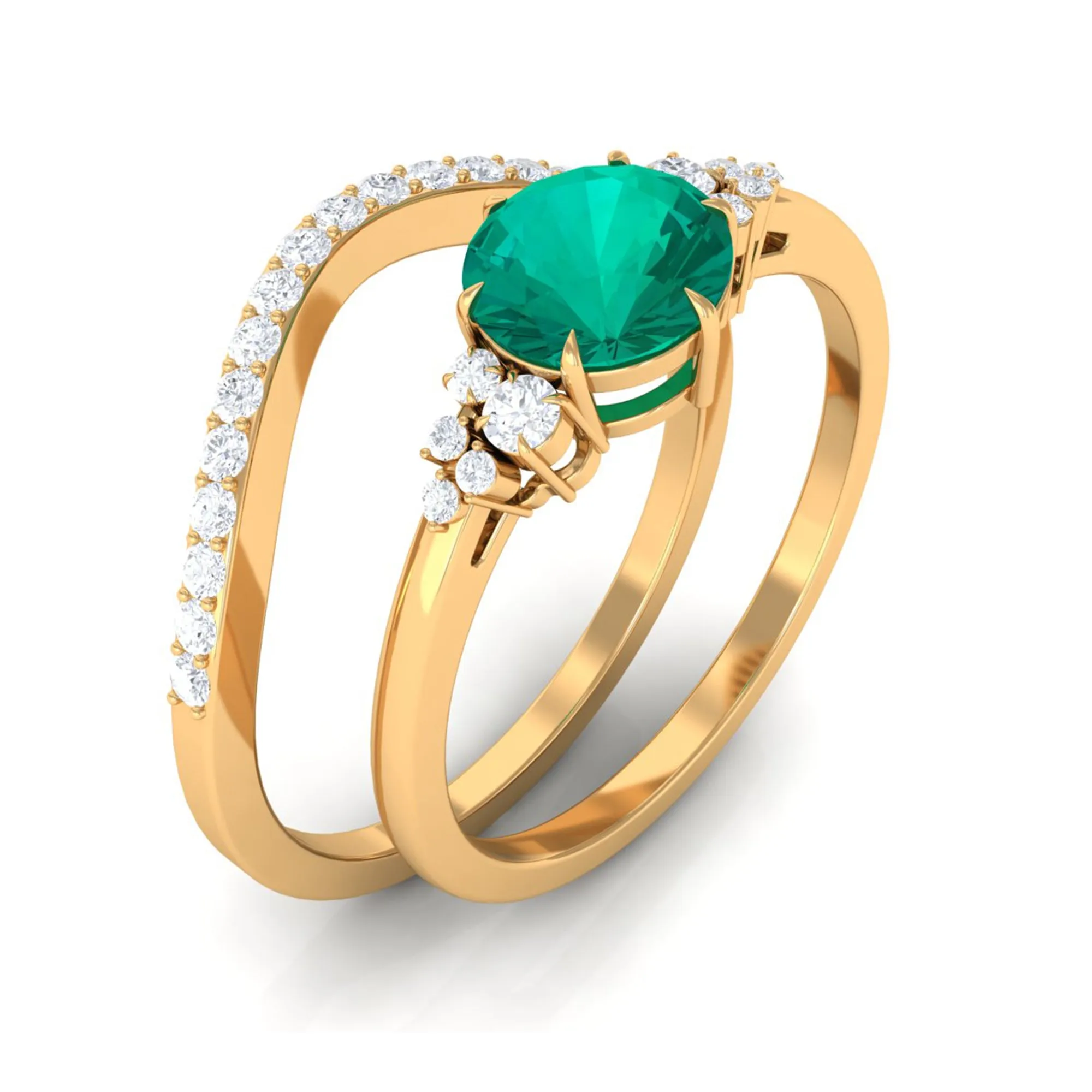 Minimal Emerald and Diamond Bridal Ring Set