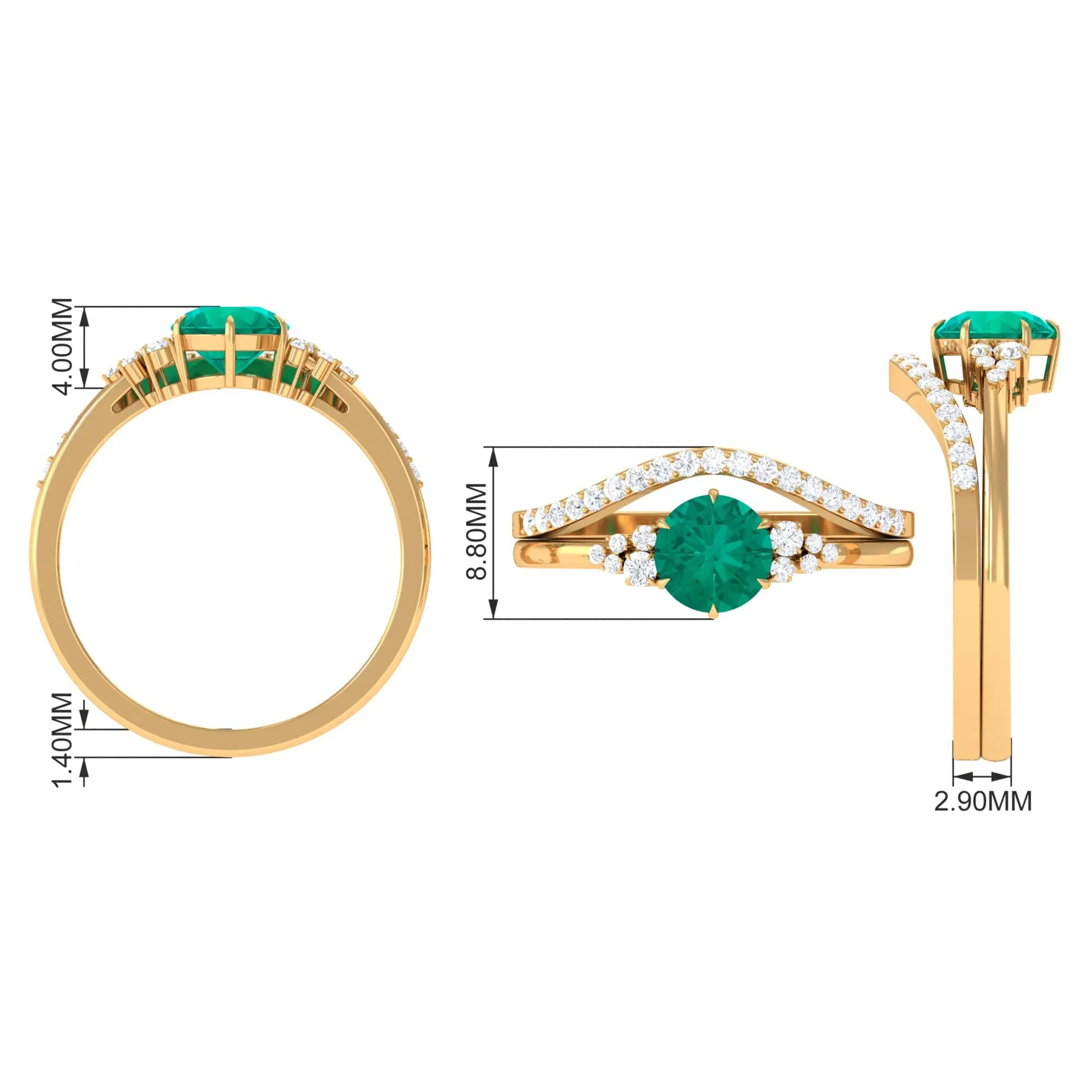 Minimal Emerald and Diamond Bridal Ring Set