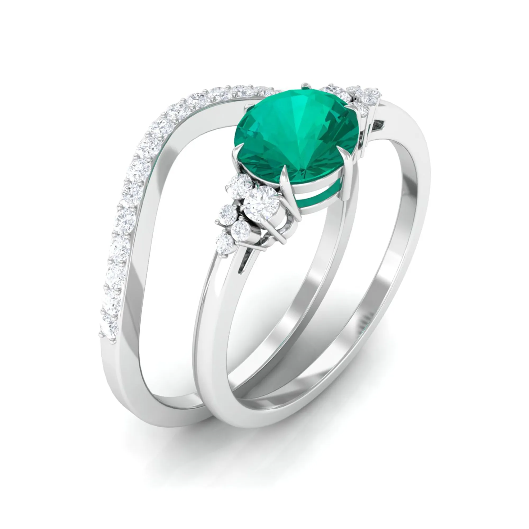 Minimal Emerald and Diamond Bridal Ring Set