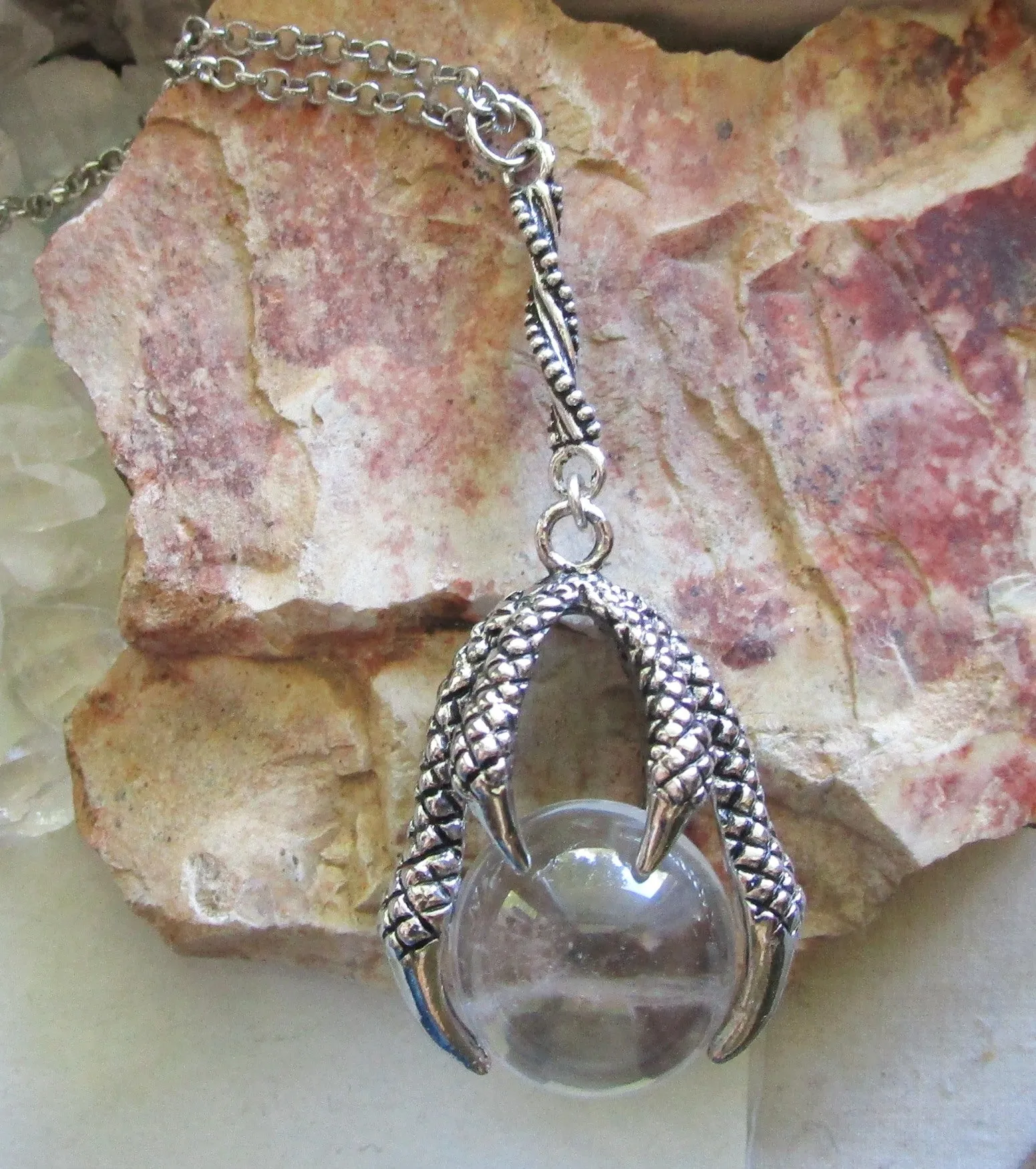 Natural Clear Quartz Crystal Ball Dragon's Claw Pendant Necklace