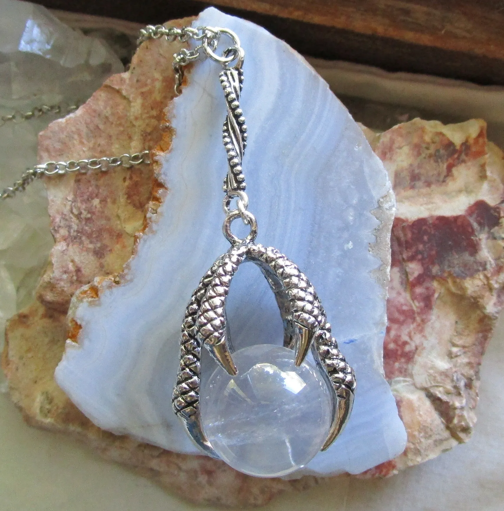 Natural Clear Quartz Crystal Ball Dragon's Claw Pendant Necklace