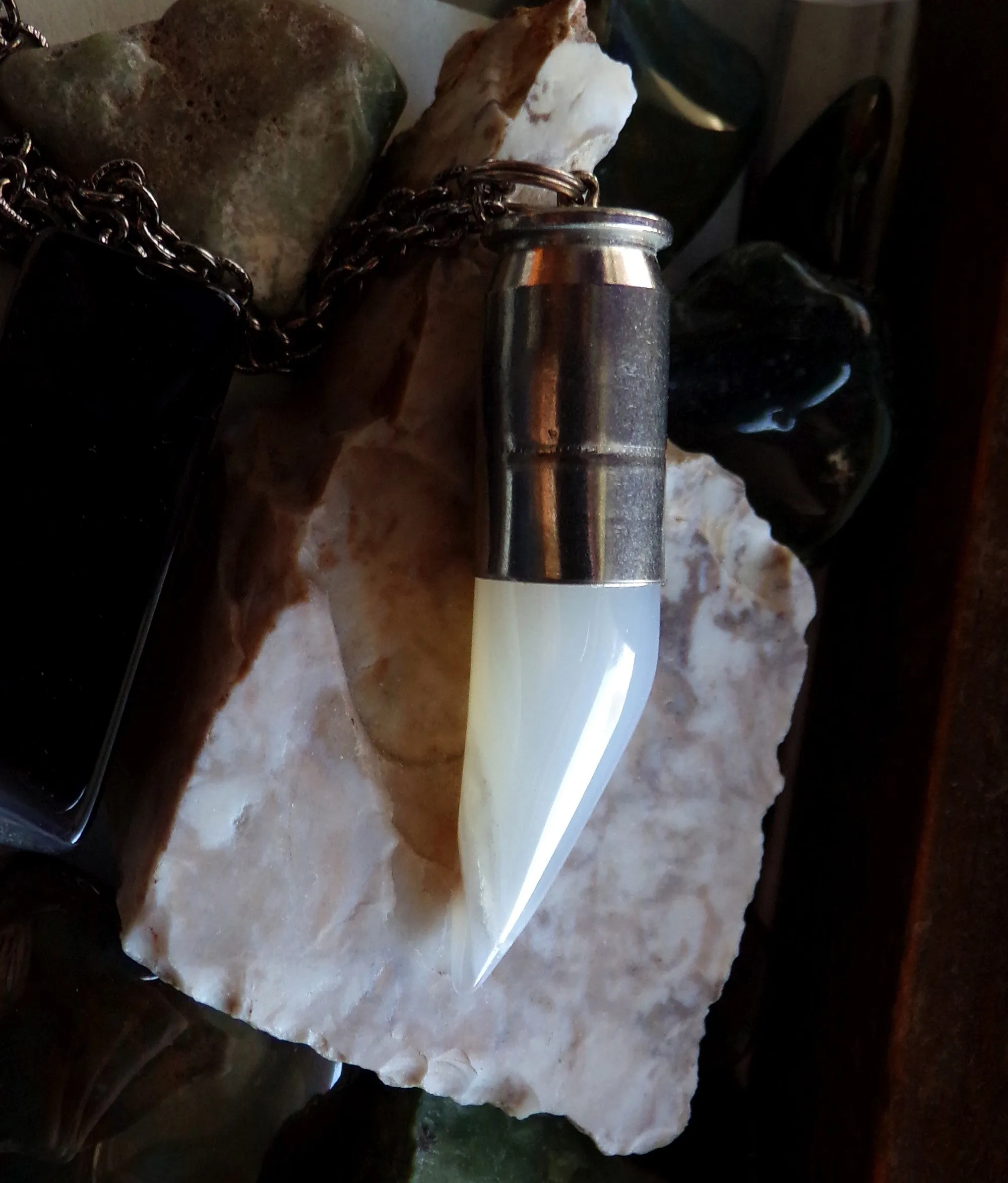 Natural Ivory Agate Horn Silver Bullet Pendant Necklace