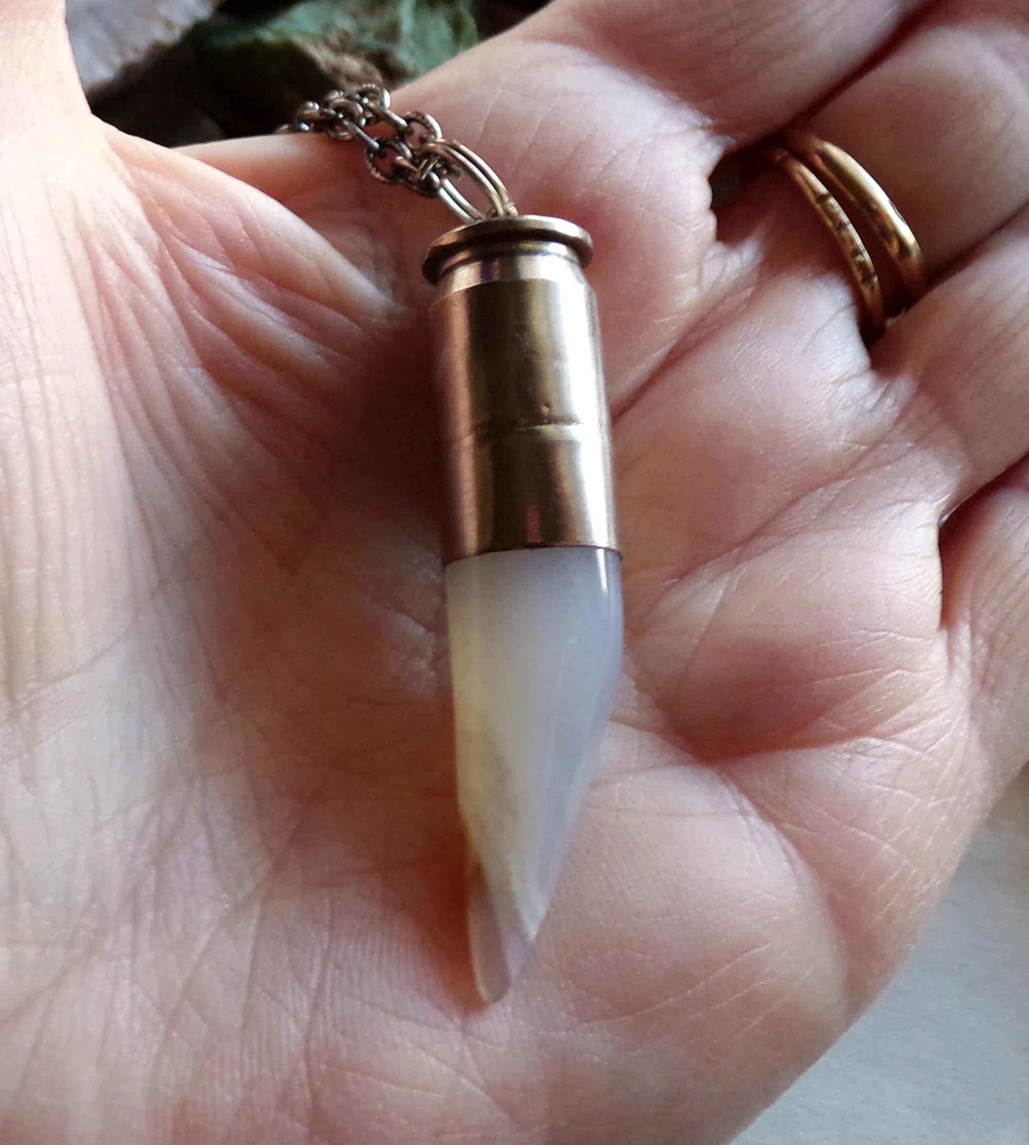 Natural Ivory Agate Horn Silver Bullet Pendant Necklace