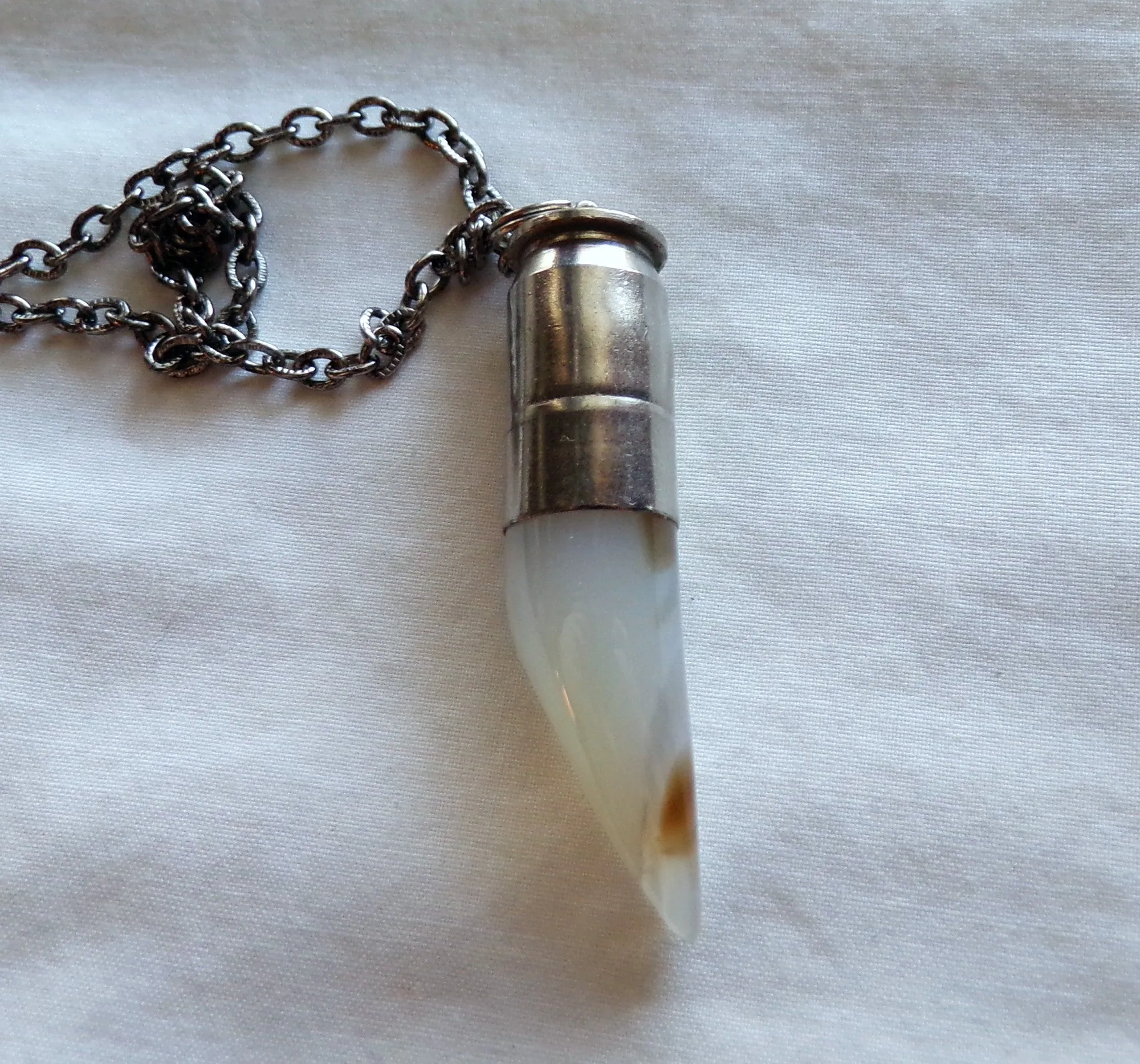 Natural Ivory Agate Horn Silver Bullet Pendant Necklace