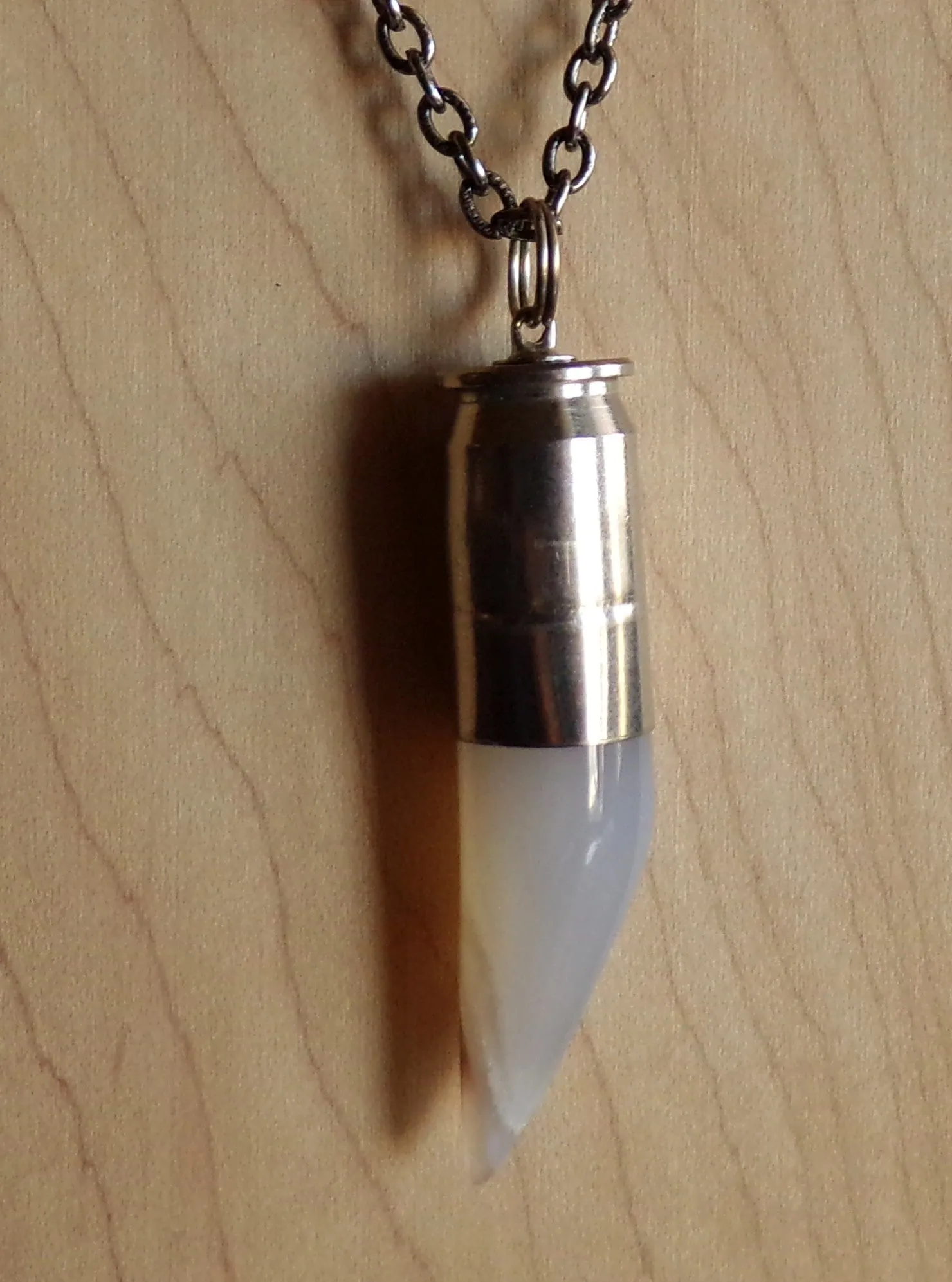 Natural Ivory Agate Horn Silver Bullet Pendant Necklace