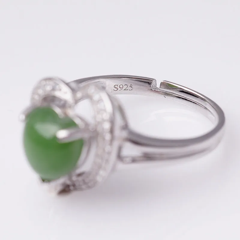 Natural Jade Ring Nephrite Silver Zircon Heart Adjustable Ring ZNRG113