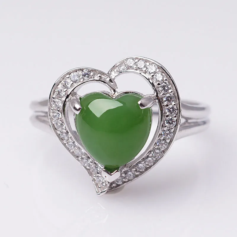 Natural Jade Ring Nephrite Silver Zircon Heart Adjustable Ring ZNRG113