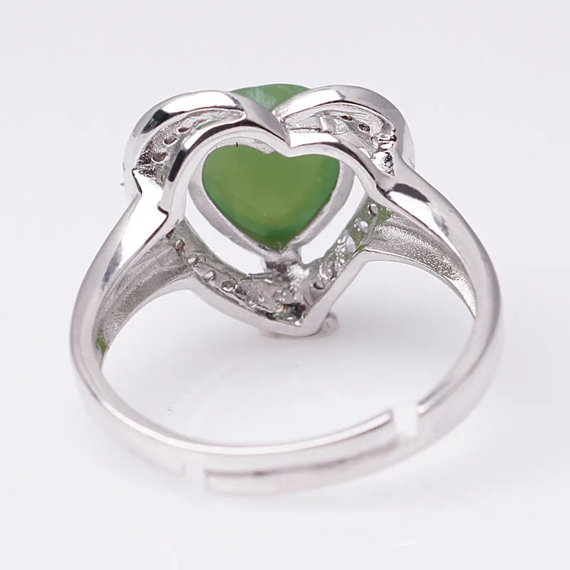 Natural Jade Ring Nephrite Silver Zircon Heart Adjustable Ring ZNRG113