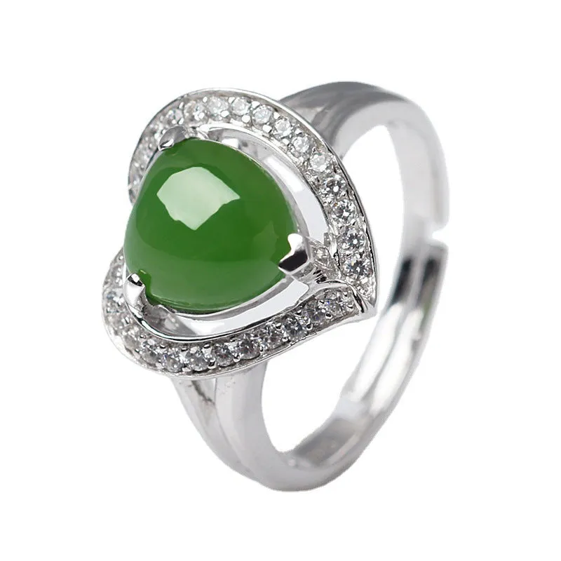 Natural Jade Ring Nephrite Silver Zircon Heart Adjustable Ring ZNRG113