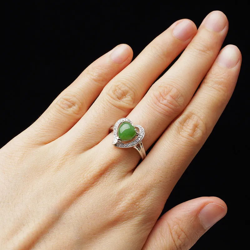 Natural Jade Ring Nephrite Silver Zircon Heart Adjustable Ring ZNRG113