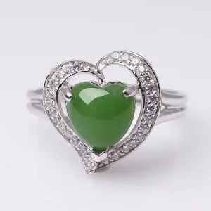 Natural Jade Ring Nephrite Silver Zircon Heart Adjustable Ring ZNRG113