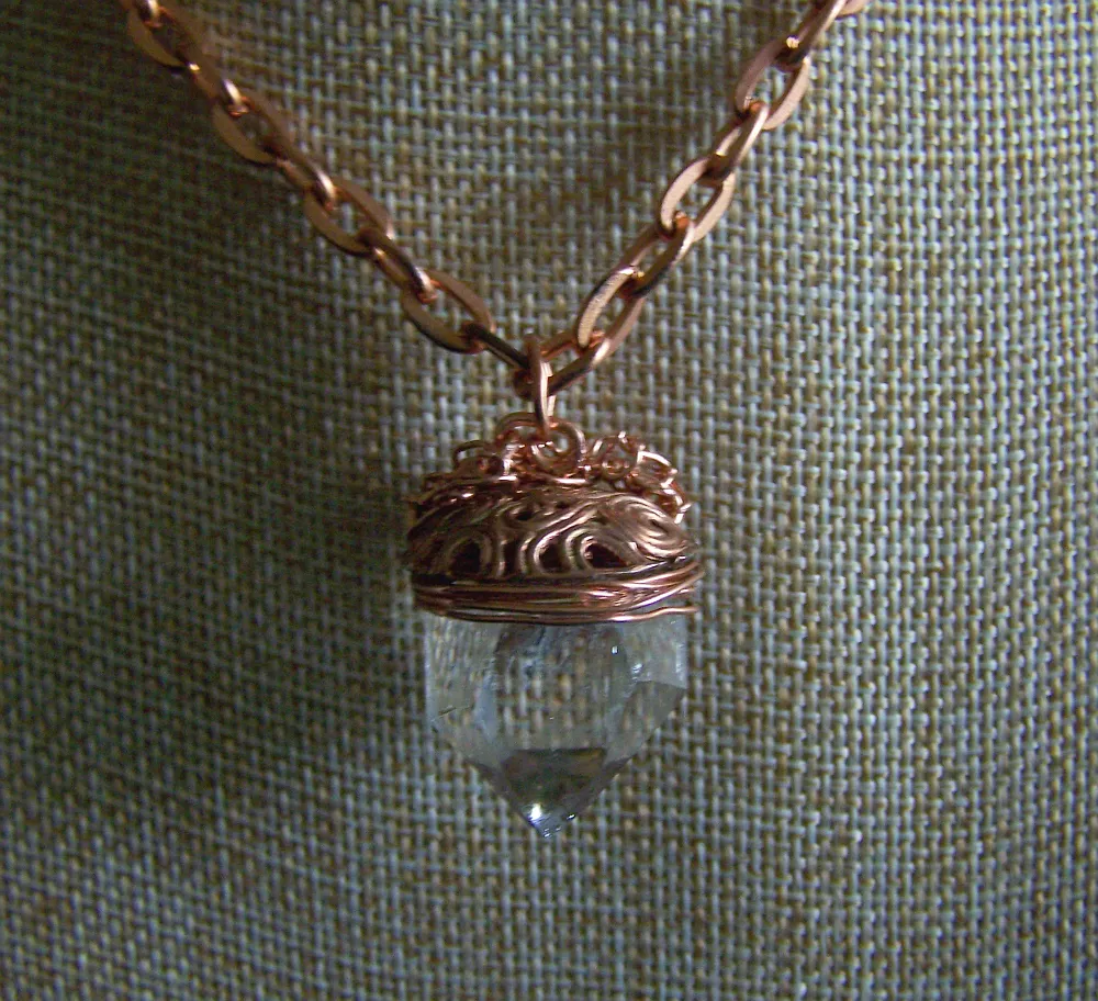 Natural Quartz Crystal Wire Wrapped Copper Pendant