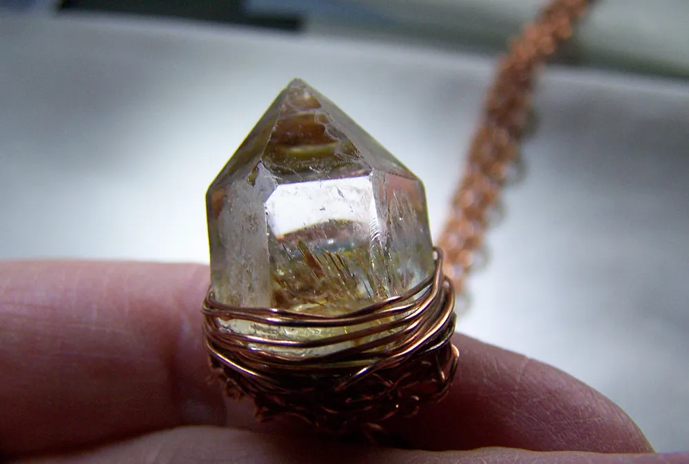 Natural Quartz Crystal Wire Wrapped Copper Pendant