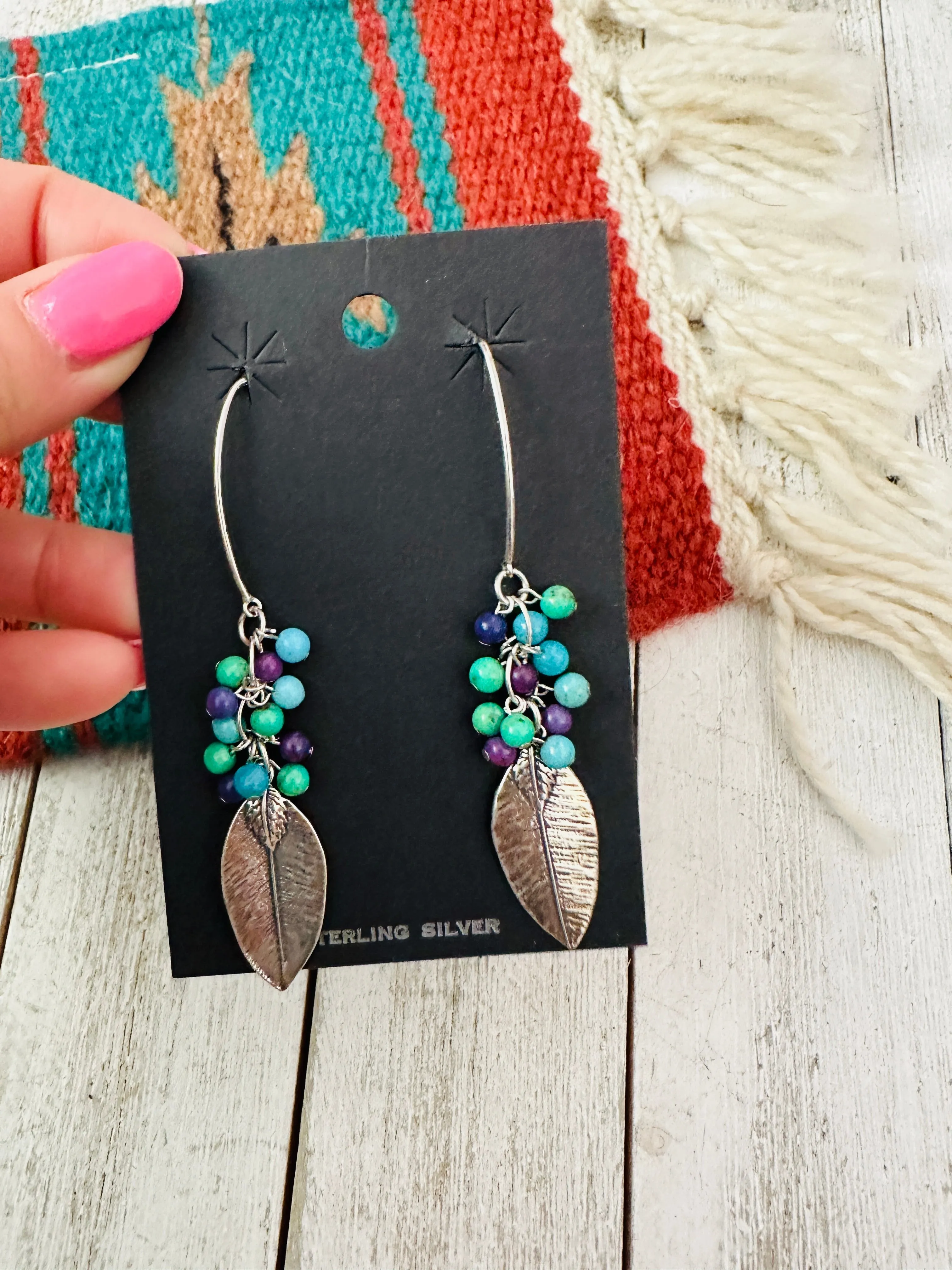 Navajo Kingman Turquoise & Sterling Silver Beaded Feather Earrings