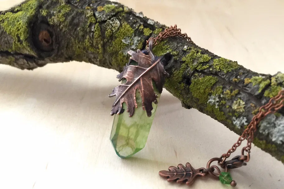 Oak Forest Crystal Necklace | Electroformed Crystal | Green Crystal Nature Jewelry