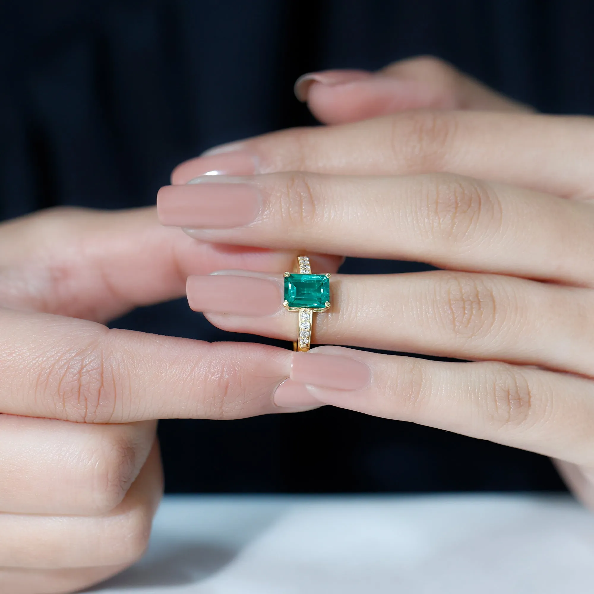 Octagon Lab Grown Emerald Solitaire Engagement Ring with Diamond