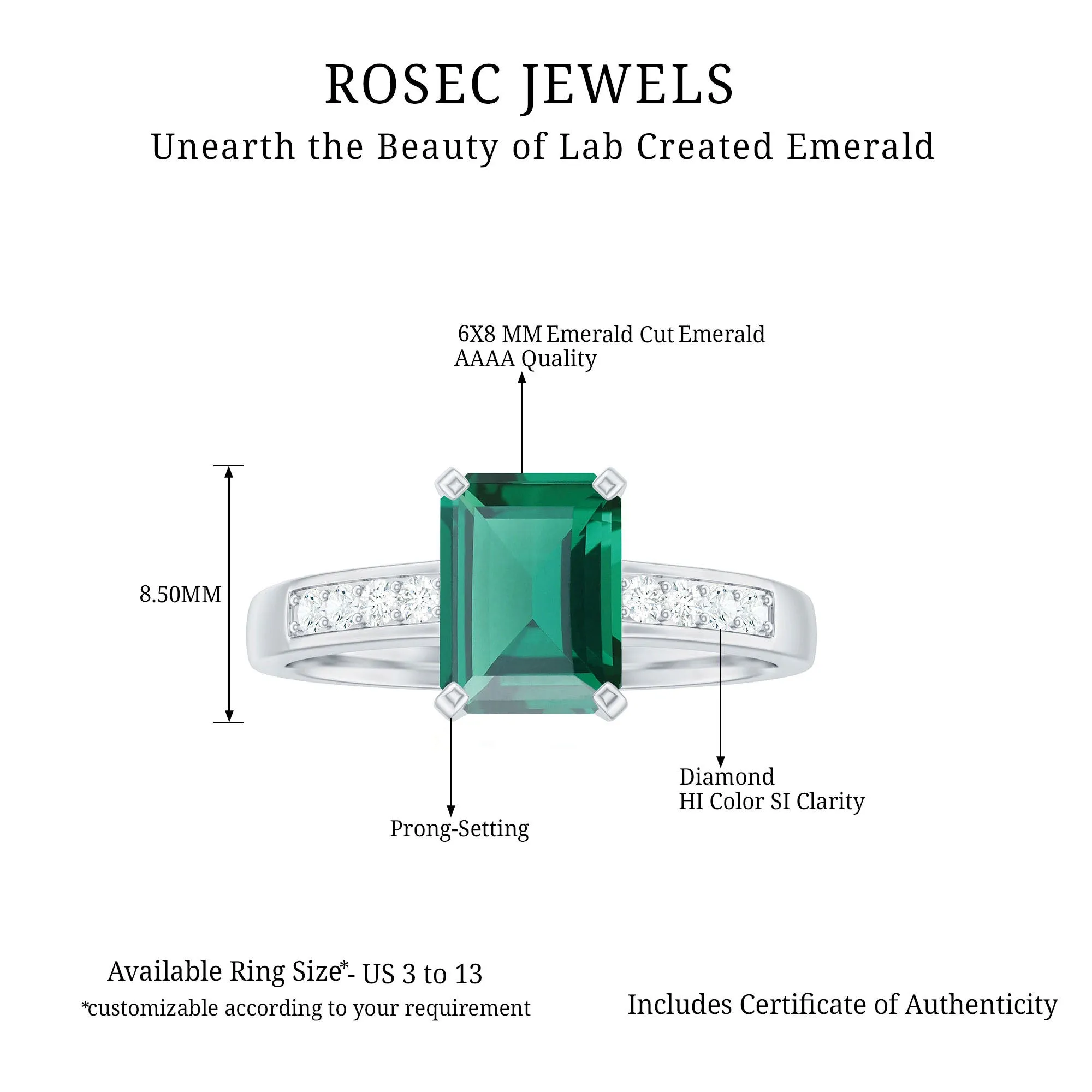 Octagon Lab Grown Emerald Solitaire Engagement Ring with Diamond