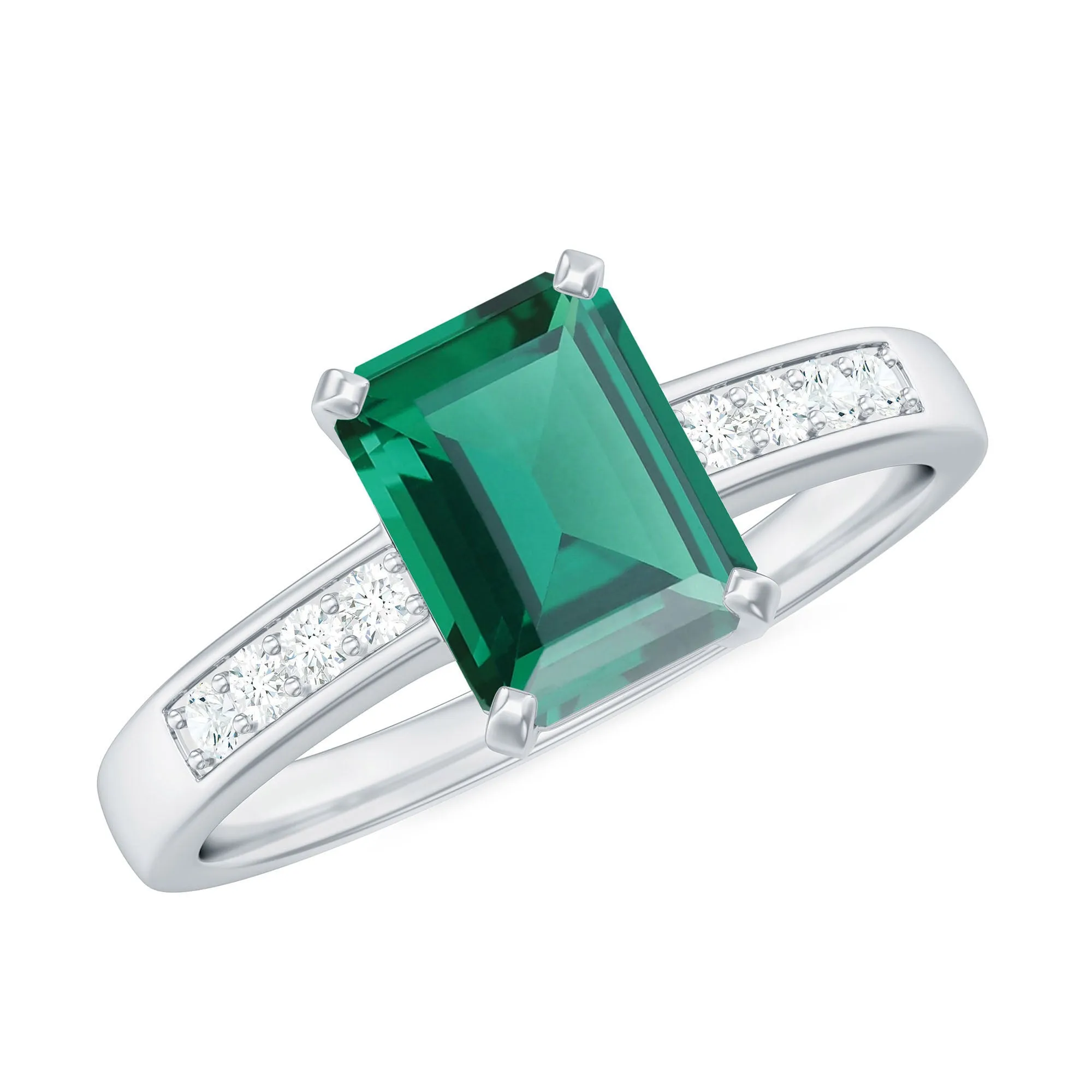 Octagon Lab Grown Emerald Solitaire Engagement Ring with Diamond