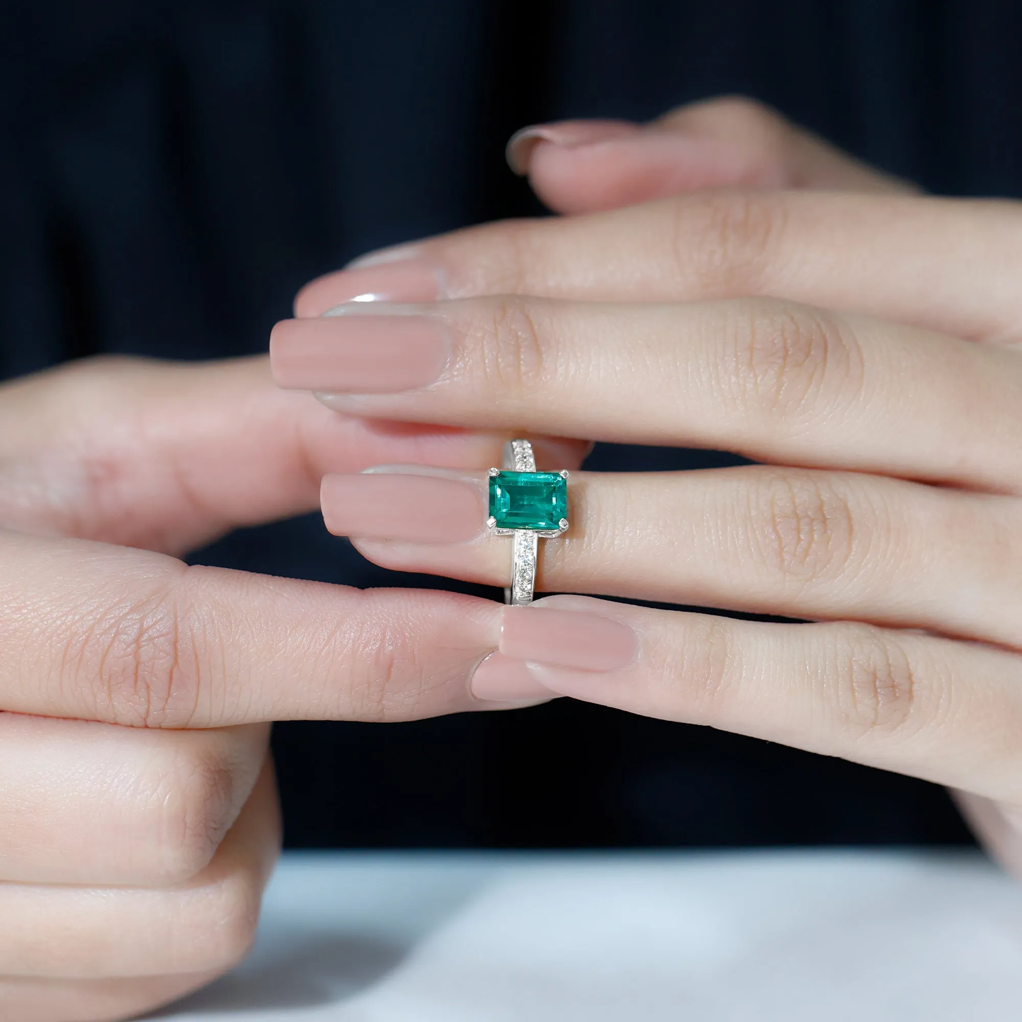 Octagon Lab Grown Emerald Solitaire Engagement Ring with Diamond