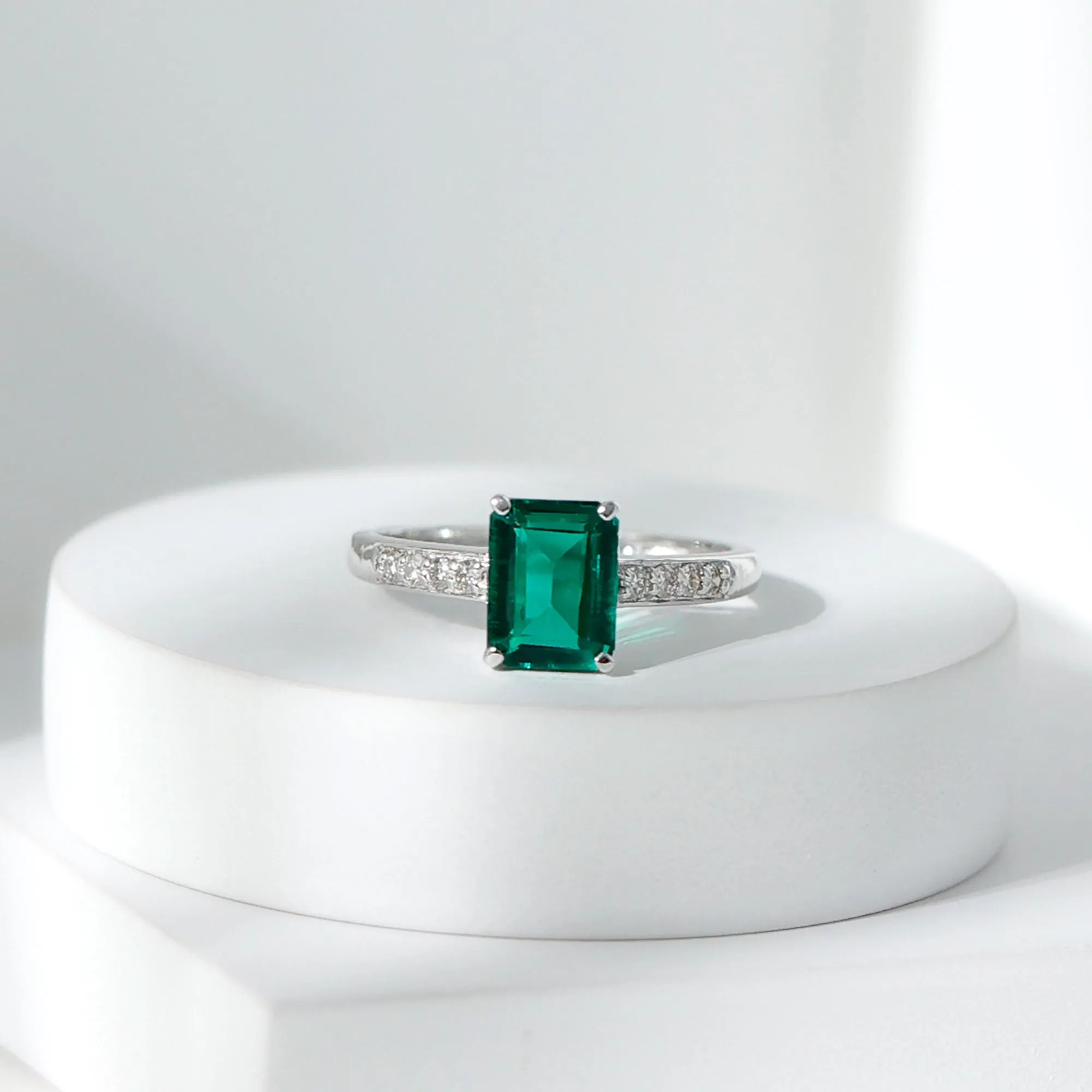 Octagon Lab Grown Emerald Solitaire Engagement Ring with Diamond