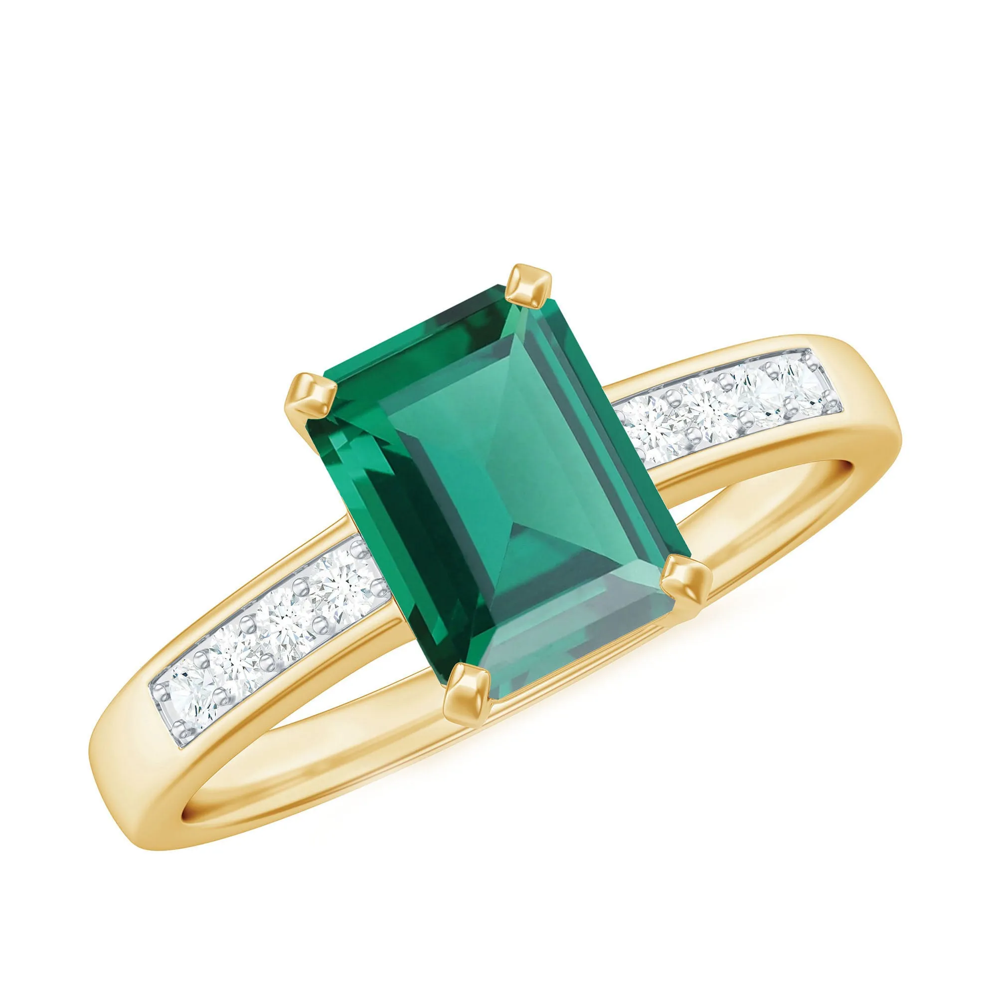 Octagon Lab Grown Emerald Solitaire Engagement Ring with Diamond