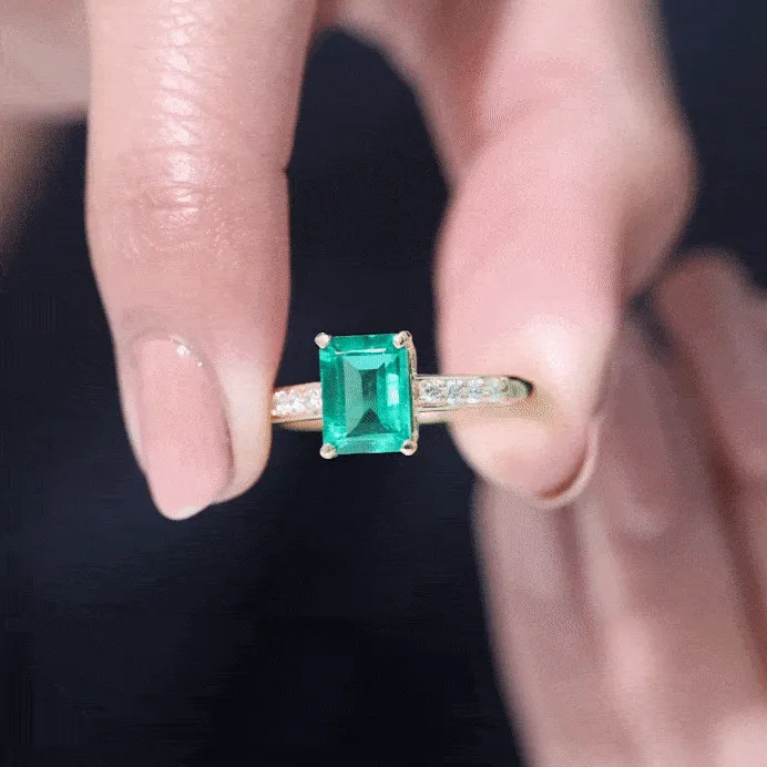 Octagon Lab Grown Emerald Solitaire Engagement Ring with Diamond