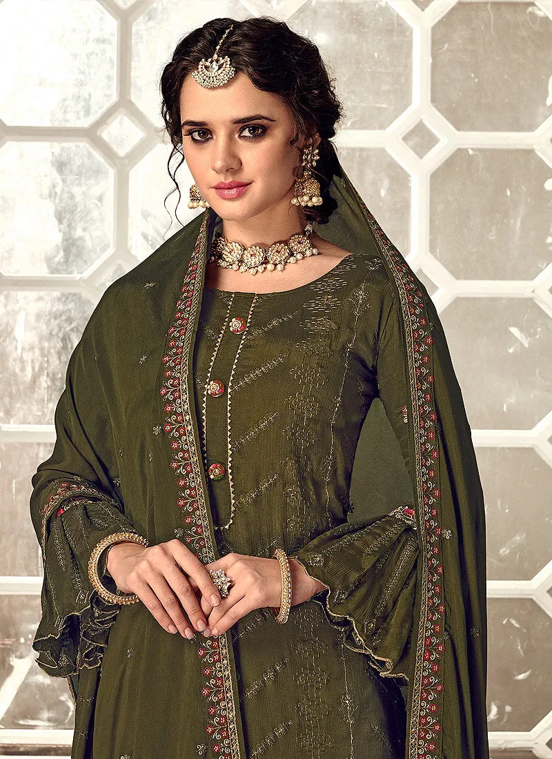 Olive Green Embroidered Designer Palazzo Suit