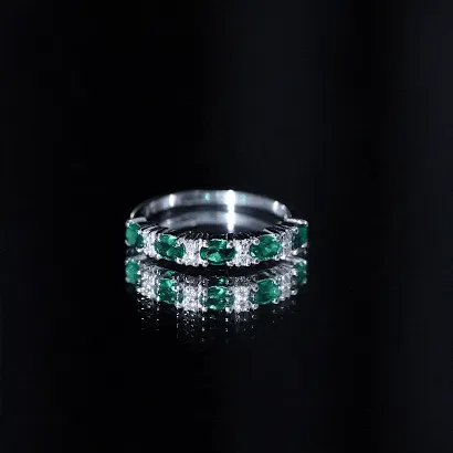 Oval Created Emerald East West Half Eternity Ring with Diamond