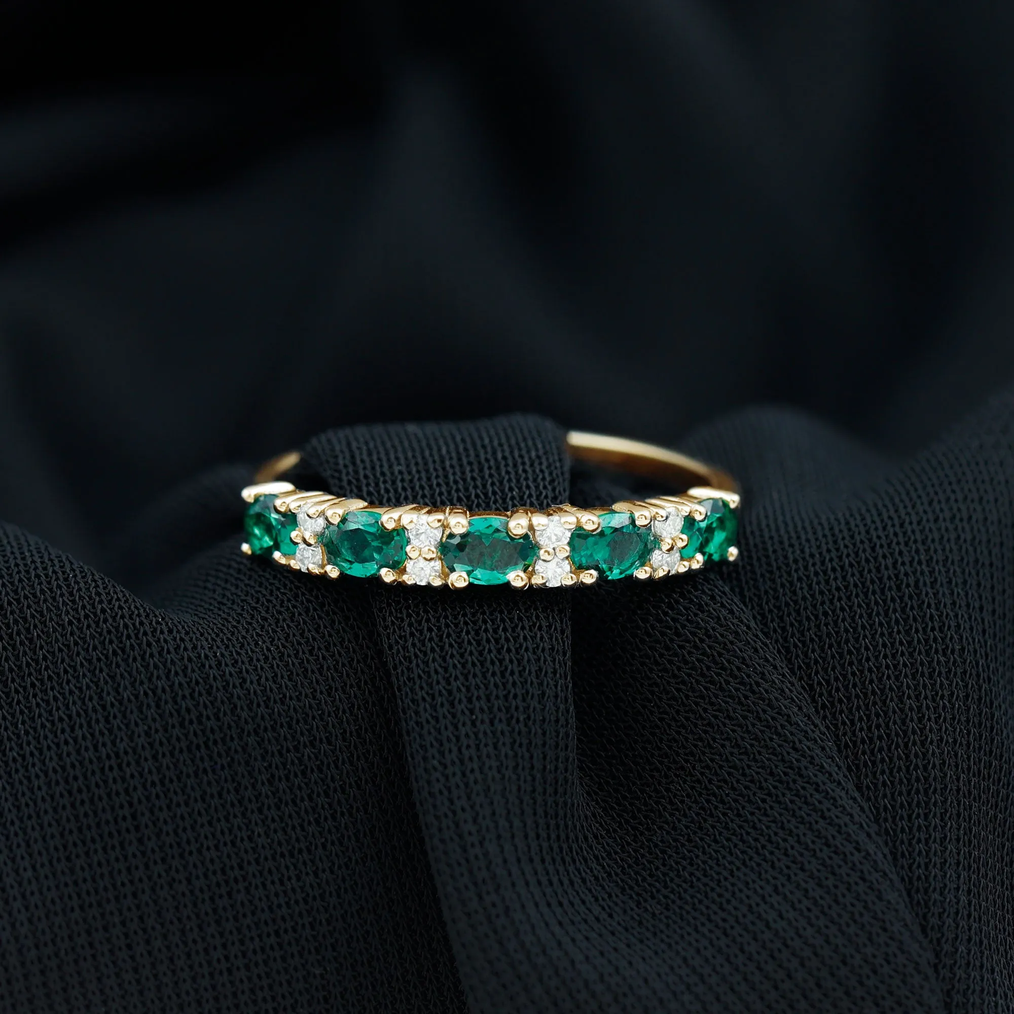 Oval Created Emerald East West Half Eternity Ring with Diamond