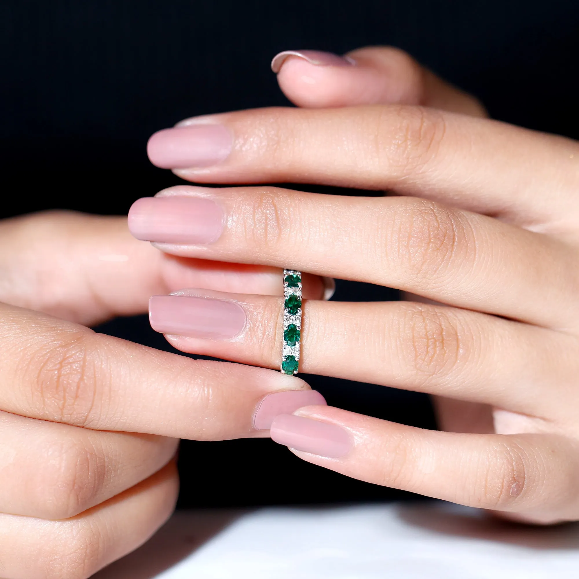 Oval Created Emerald East West Half Eternity Ring with Diamond