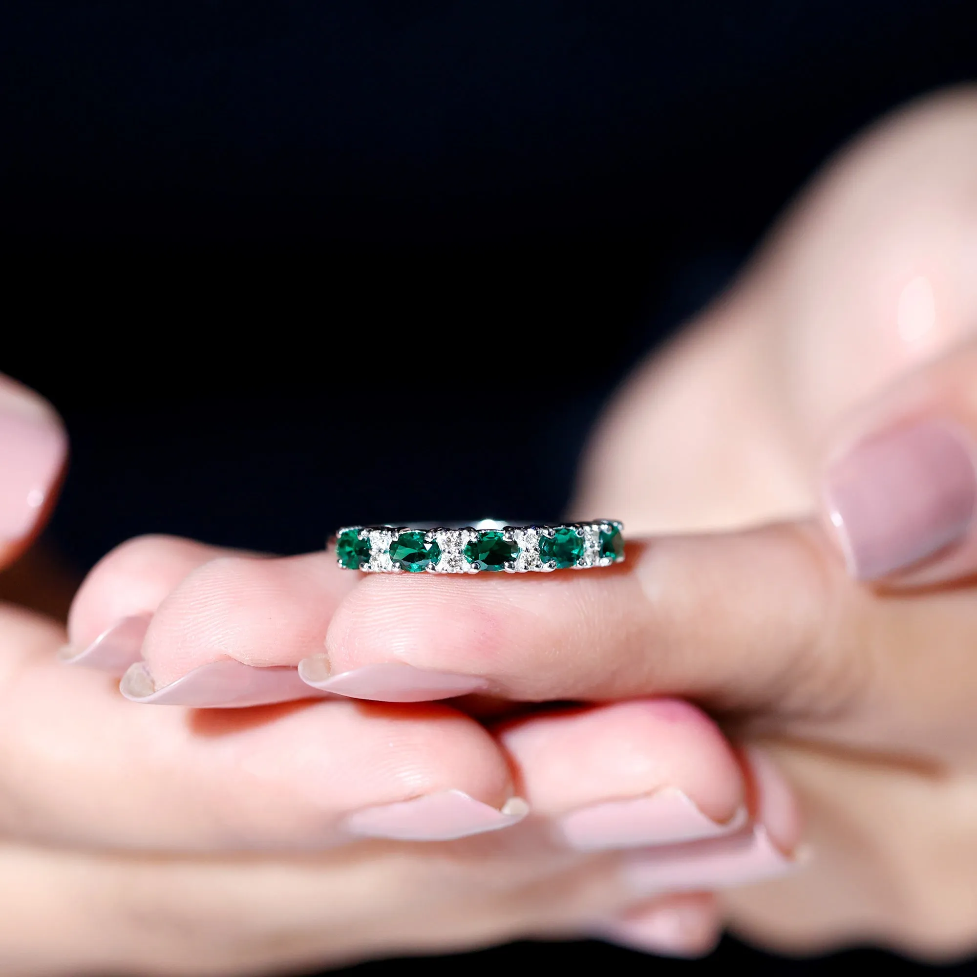 Oval Created Emerald East West Half Eternity Ring with Diamond