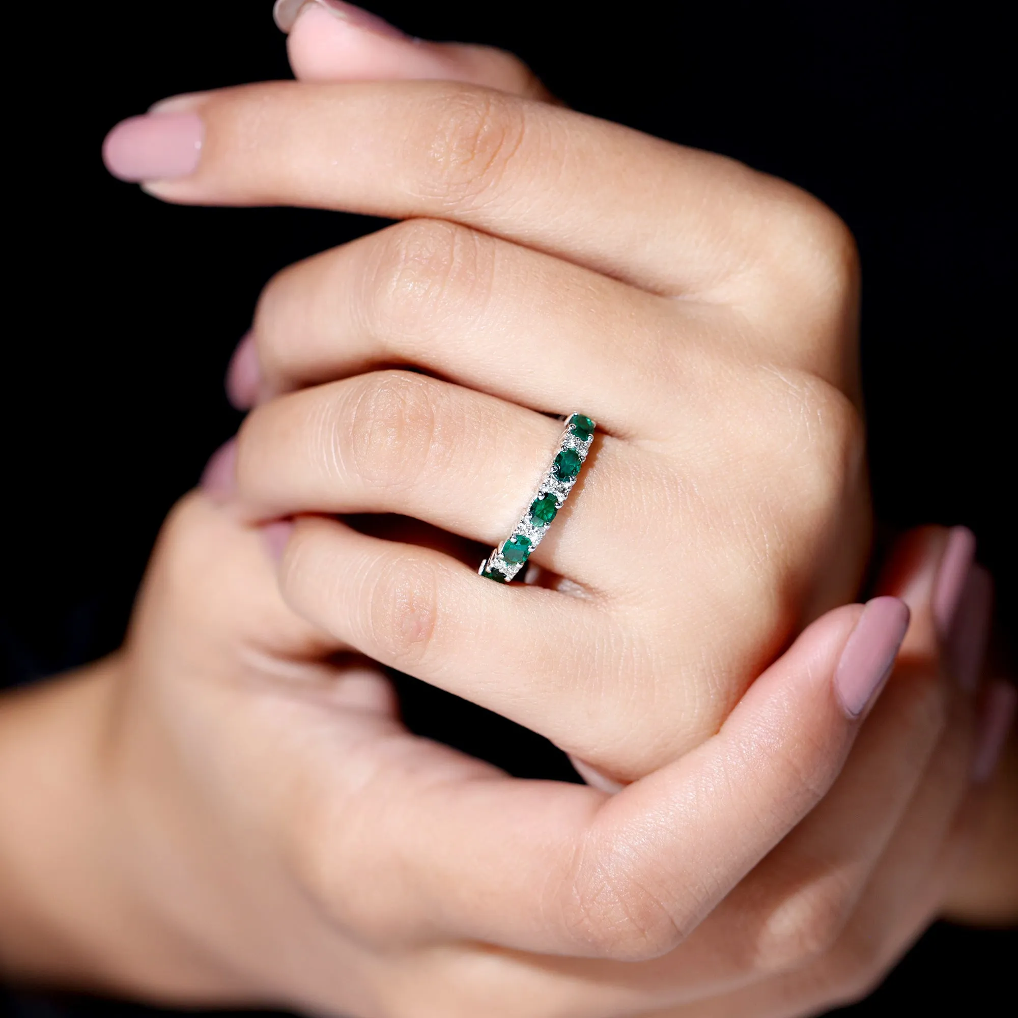 Oval Created Emerald East West Half Eternity Ring with Diamond