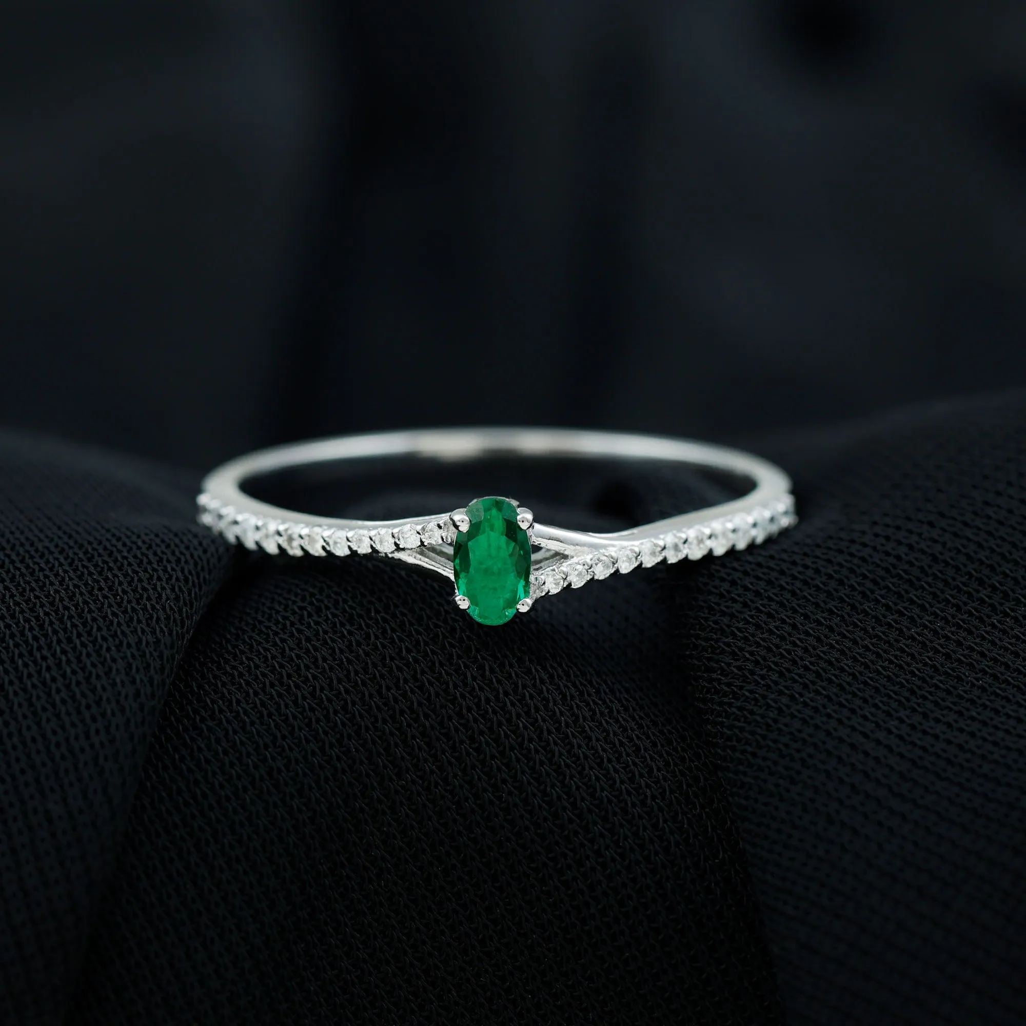 Oval Lab Grown Emerald Promise Ring with Diamond Split Shank