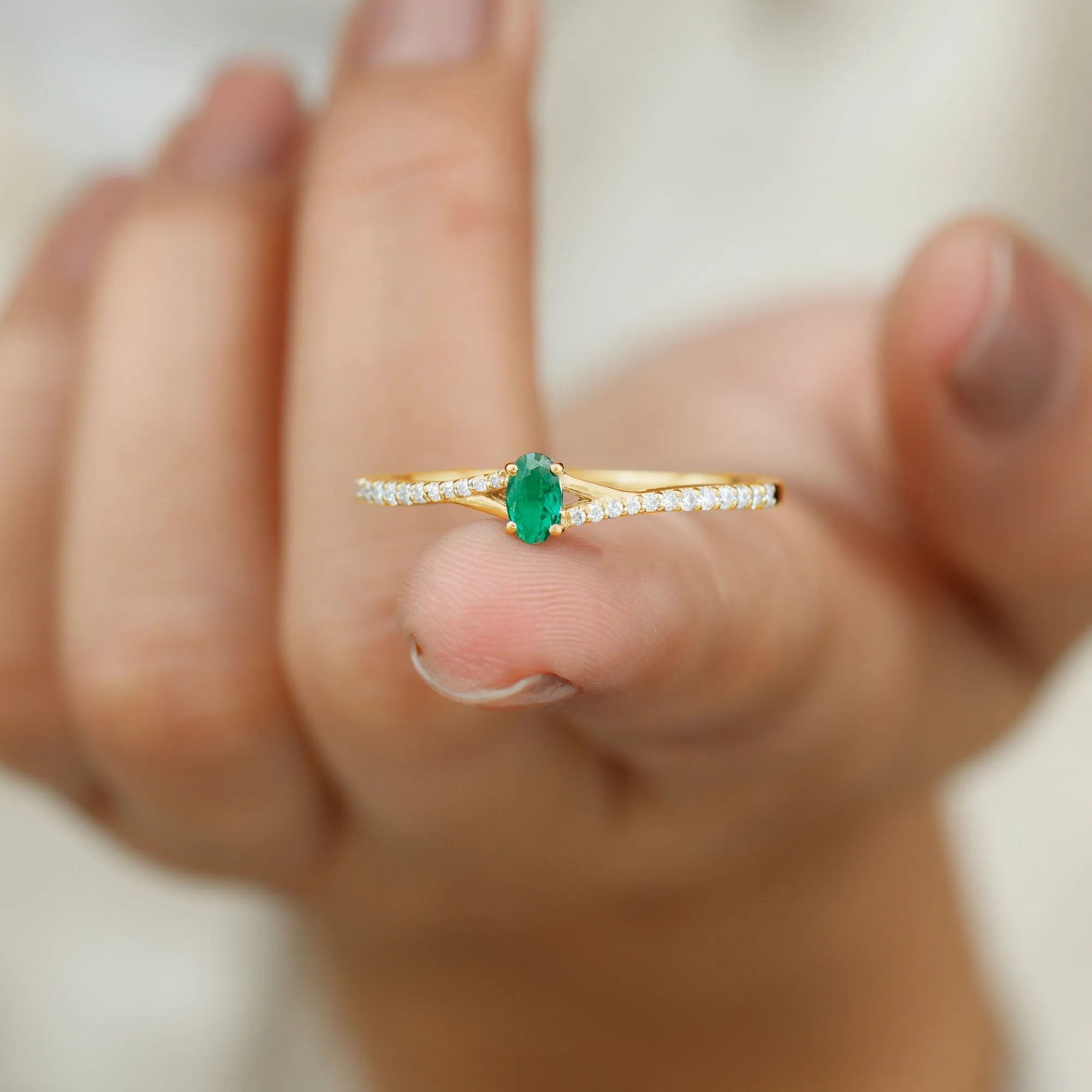 Oval Lab Grown Emerald Promise Ring with Diamond Split Shank