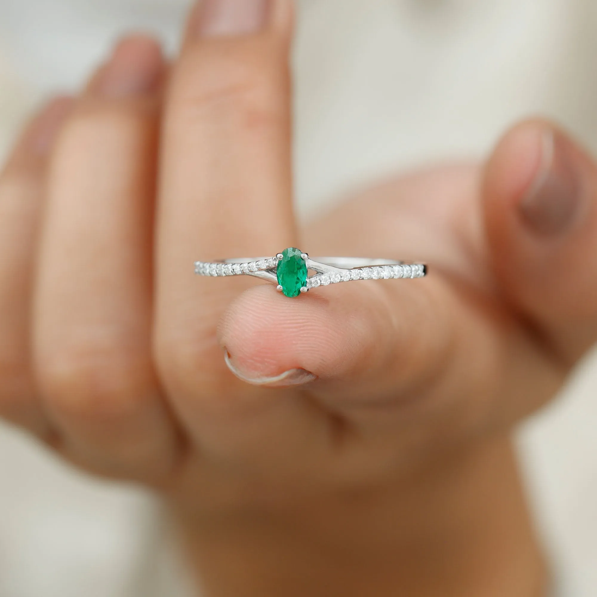 Oval Lab Grown Emerald Promise Ring with Diamond Split Shank