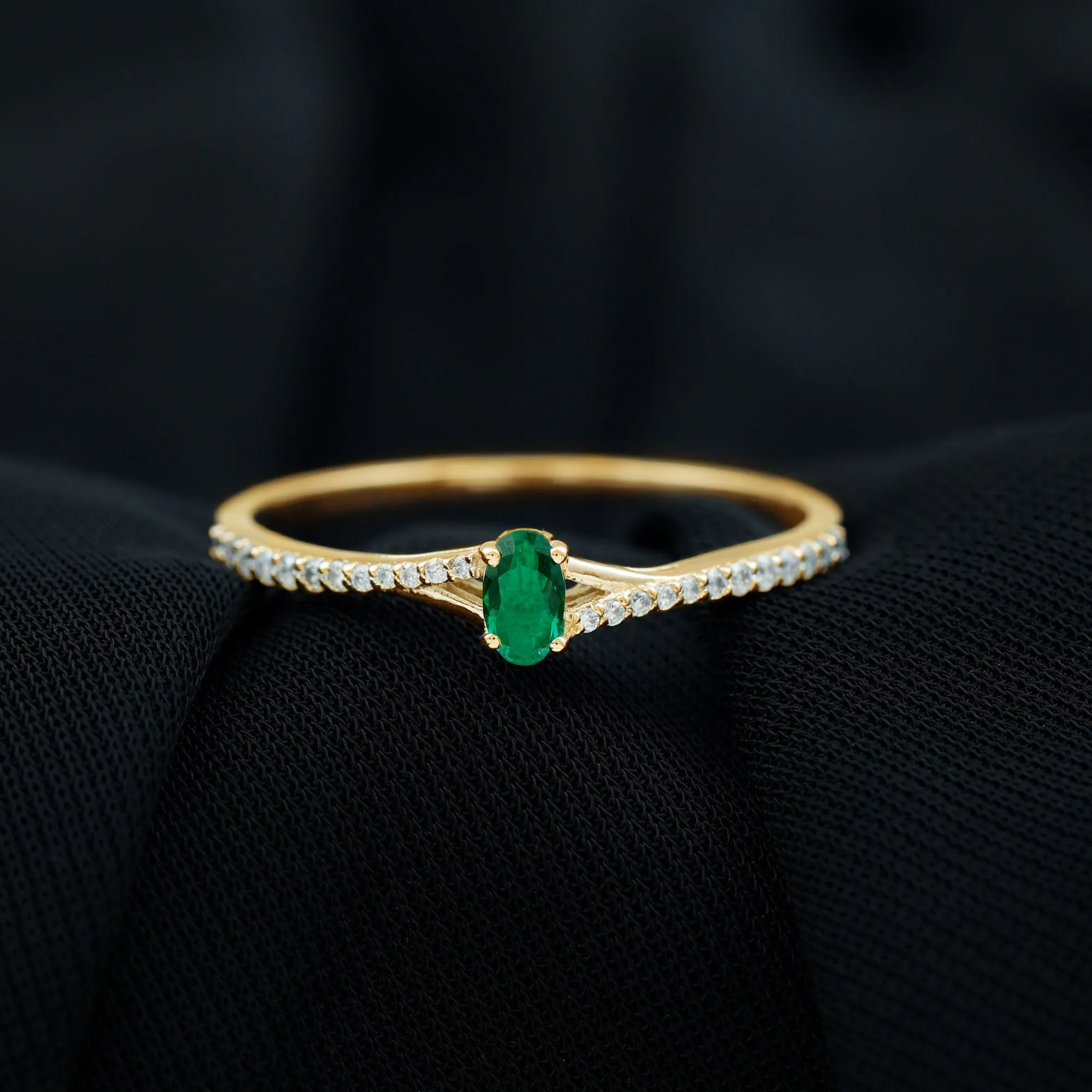 Oval Lab Grown Emerald Promise Ring with Diamond Split Shank