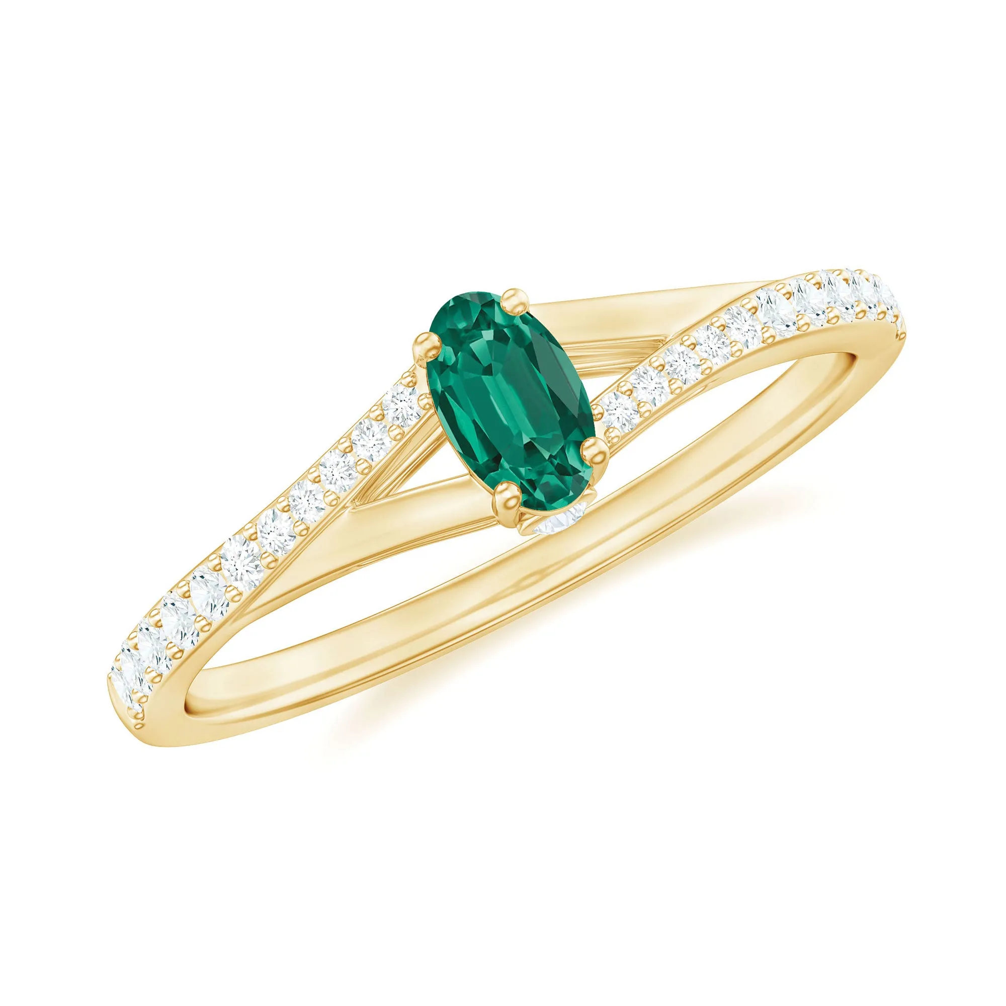 Oval Lab Grown Emerald Promise Ring with Diamond Split Shank