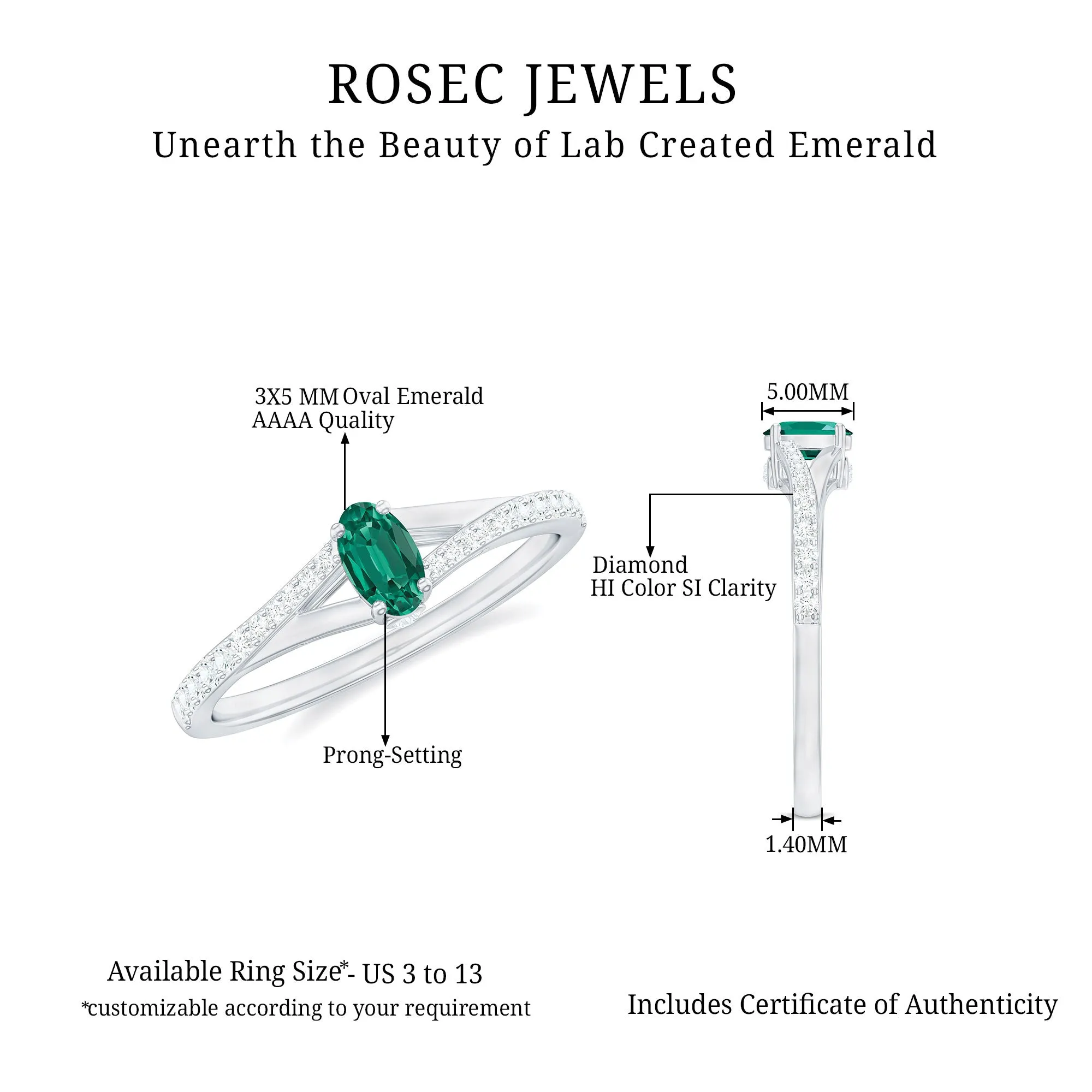 Oval Lab Grown Emerald Promise Ring with Diamond Split Shank