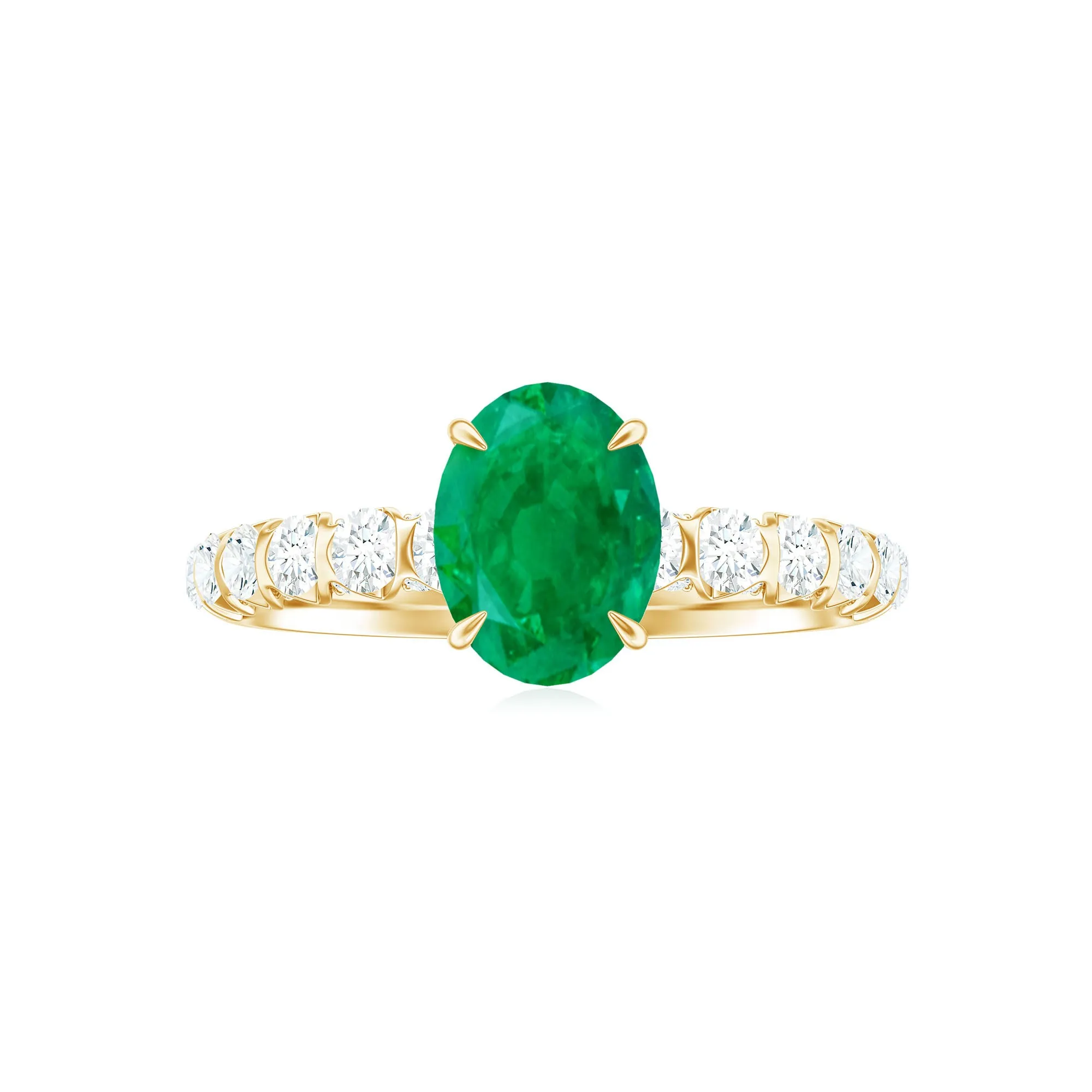 Oval shape Emerald Solitaire Engagement Ring with Diamond Side Stones