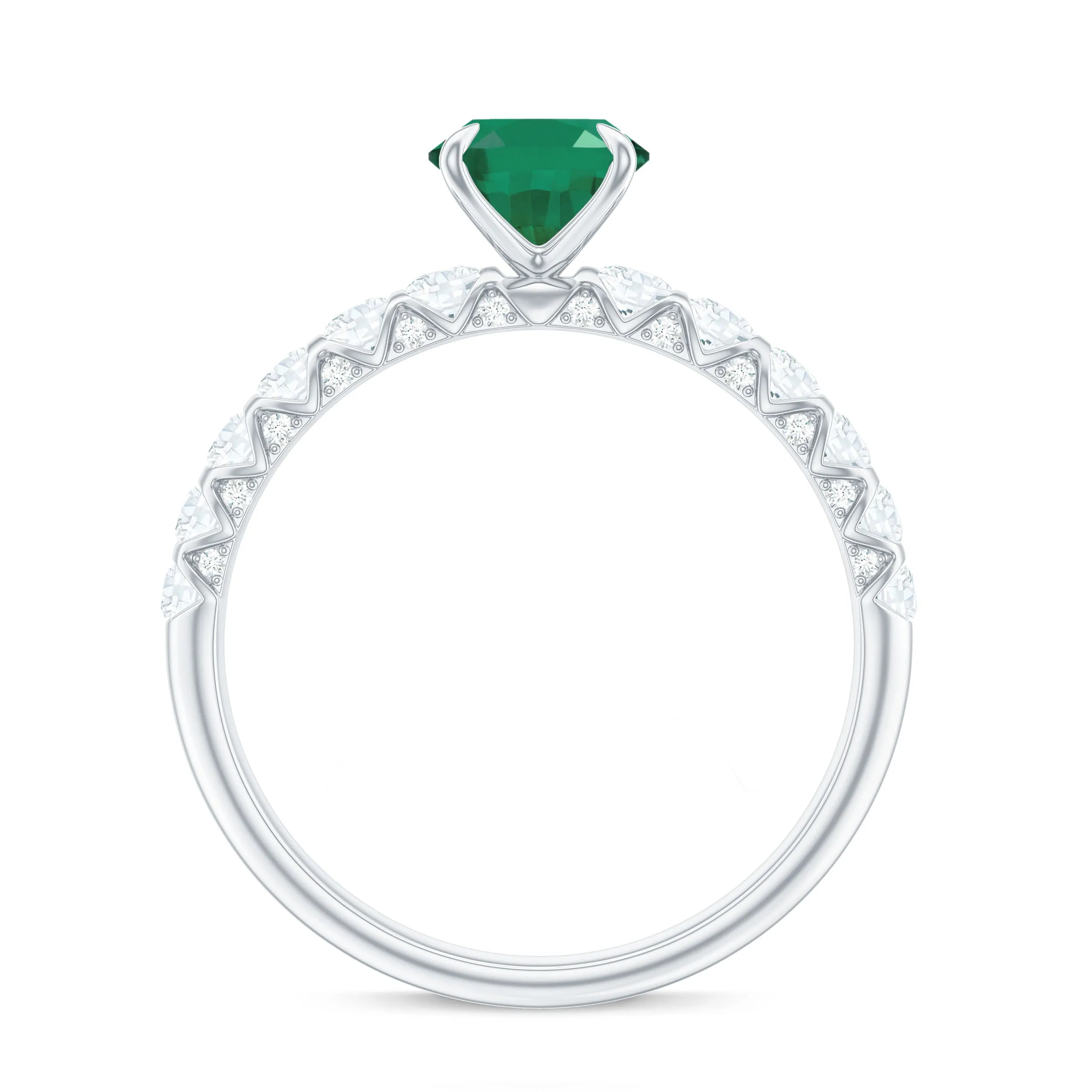 Oval shape Emerald Solitaire Engagement Ring with Diamond Side Stones