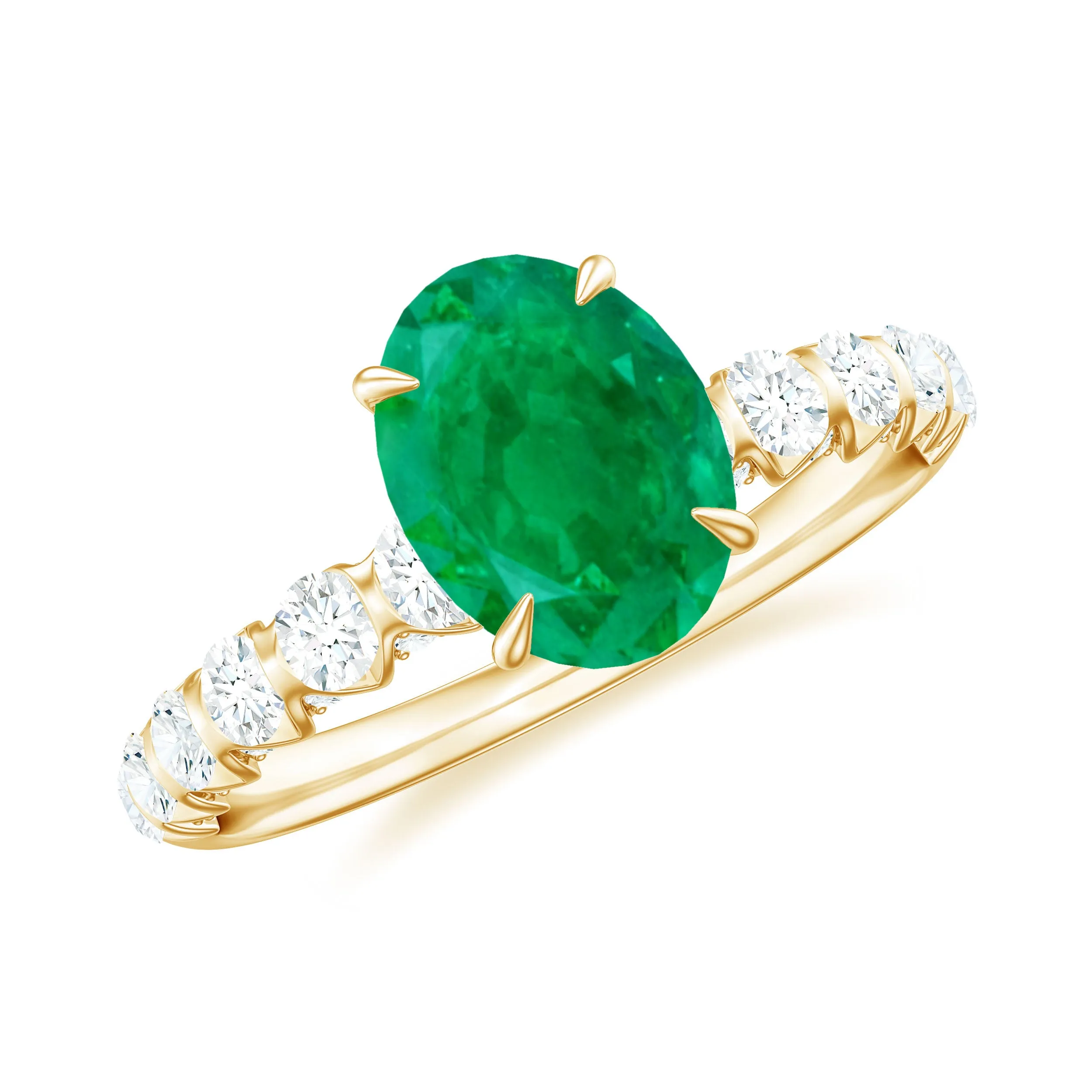 Oval shape Emerald Solitaire Engagement Ring with Diamond Side Stones