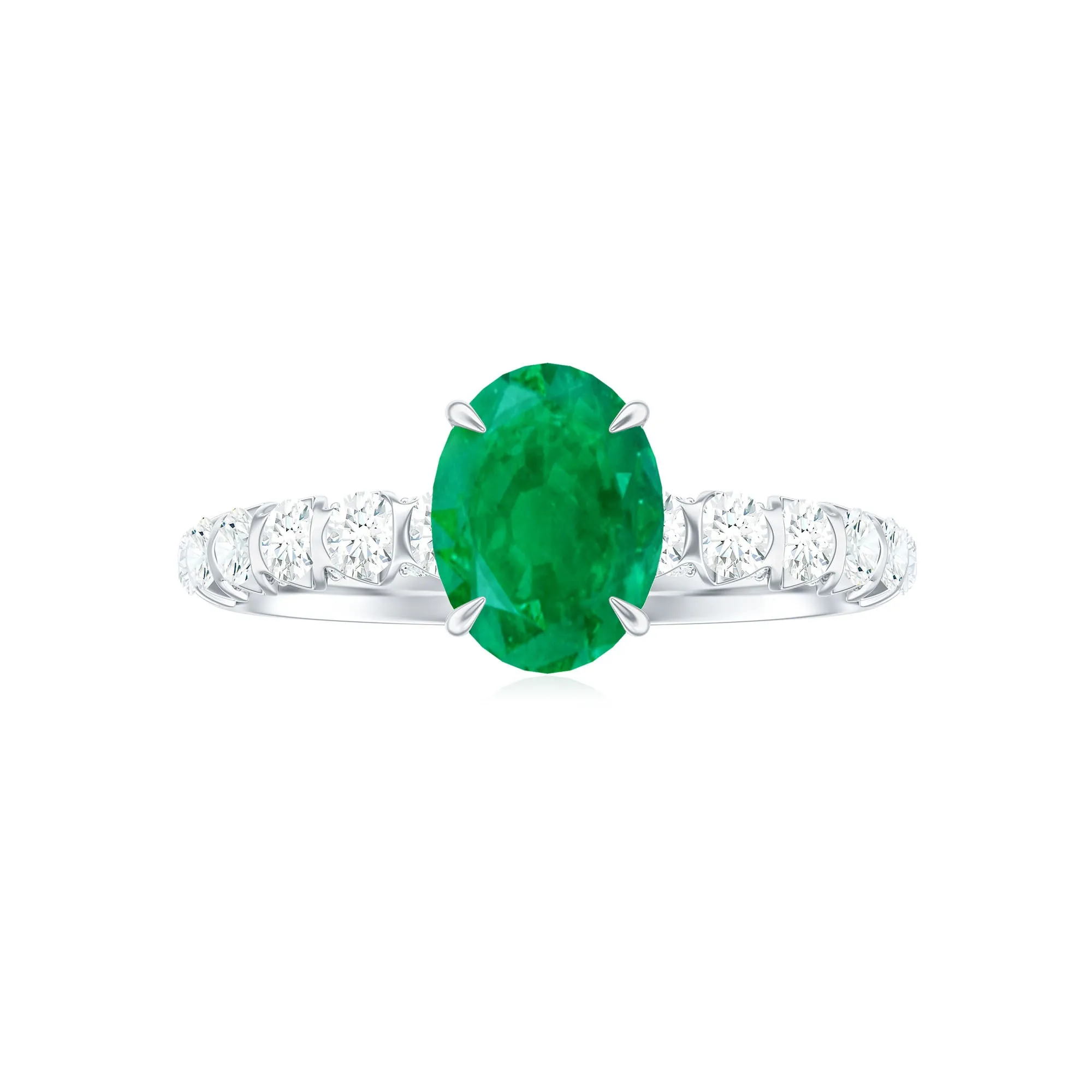 Oval shape Emerald Solitaire Engagement Ring with Diamond Side Stones